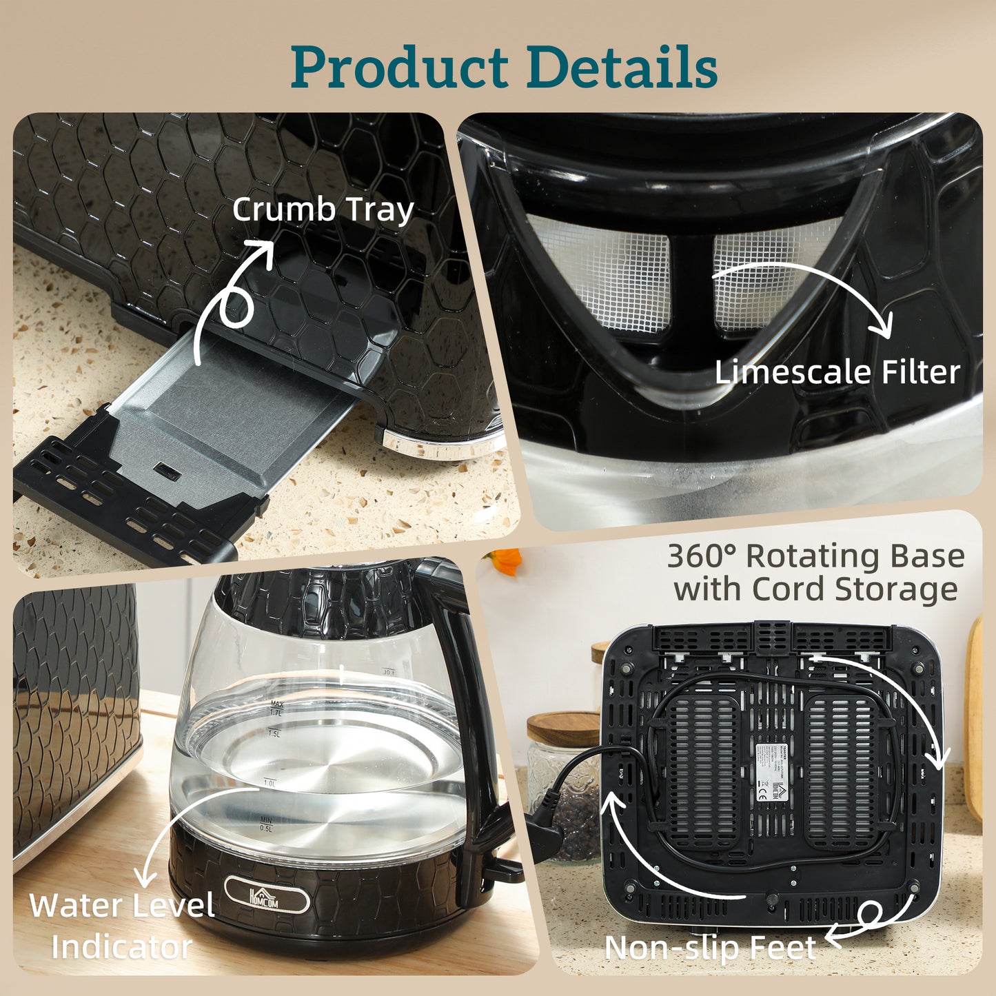 HOMCOM Kettle And Toaster Set 1.7L 3000W Rapid Kettle With Strix Thermostat 4 Slice Toaster 7 Browning Controls Black