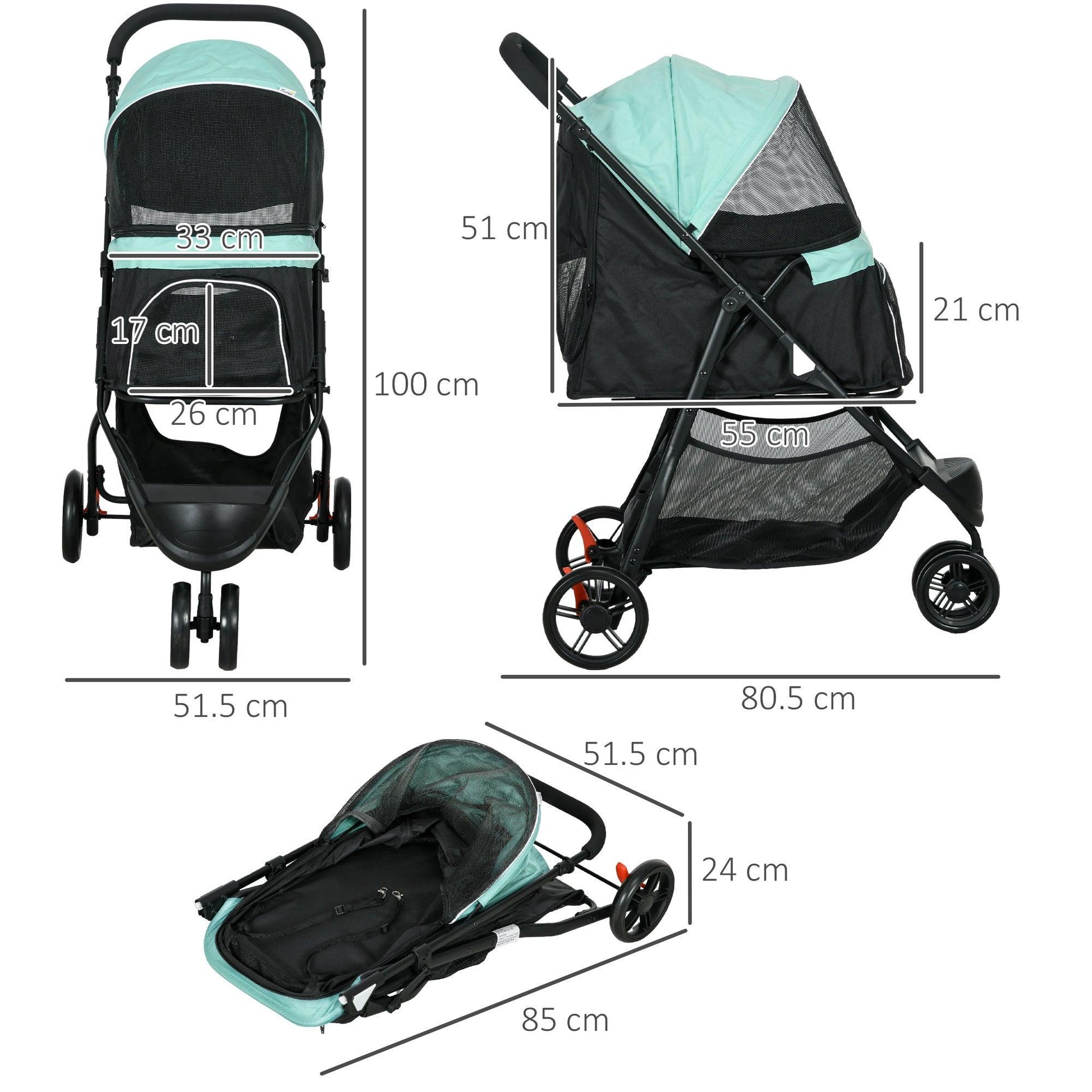 PawHut Foldable Pet Stroller with Rain Cover for XS and S-Sized Dogs Green - ALL4U RETAILER LTD