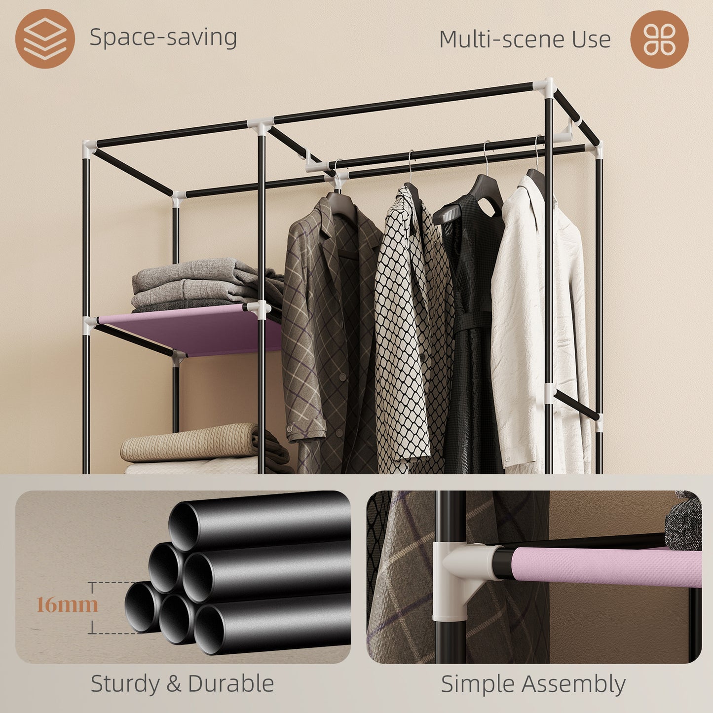 HOMCOM Fabric Wardrobe With Shelves And Hanging Rail Foldable Wardrobe Pink Portable Clothing Storage