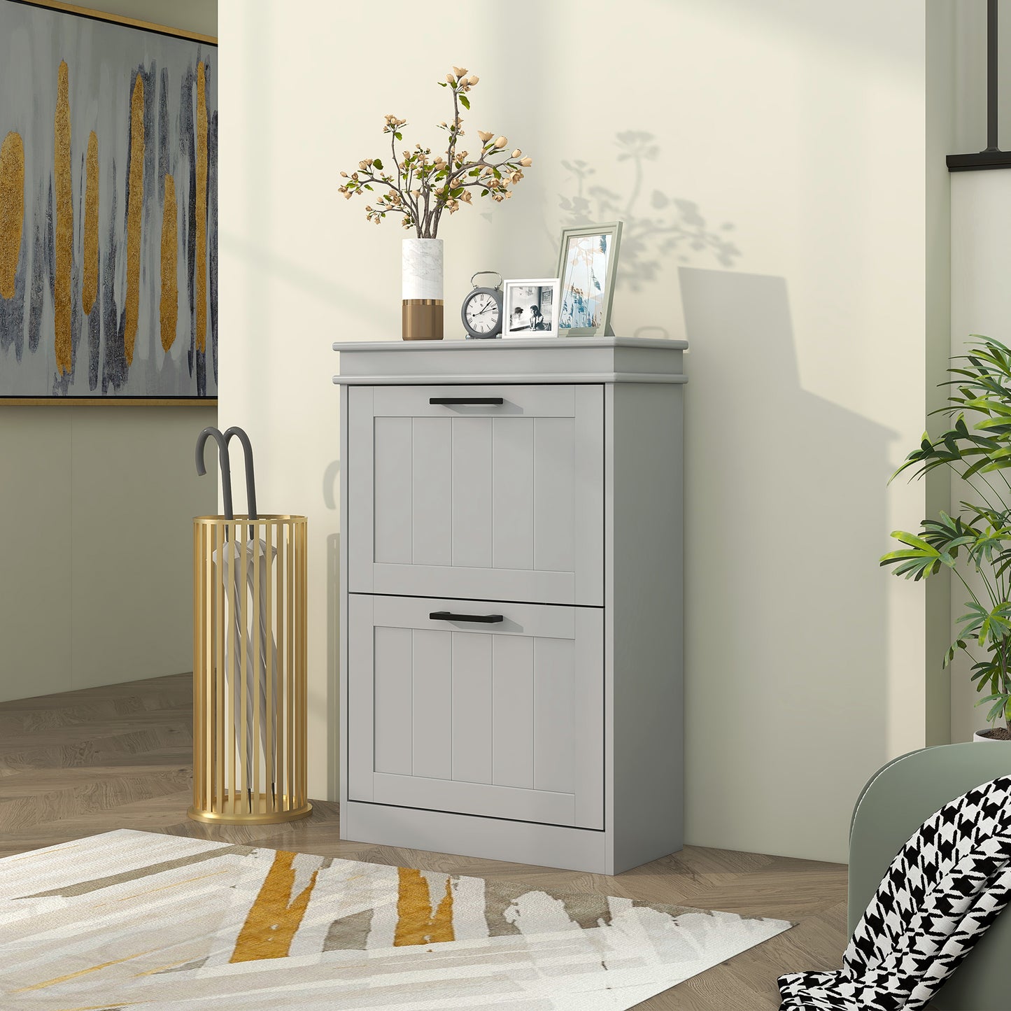 HOMCOM Two Drawer Minimalistic 10 Shoe Cabinet in Grey with Adjustable Shelves for Small Spaces