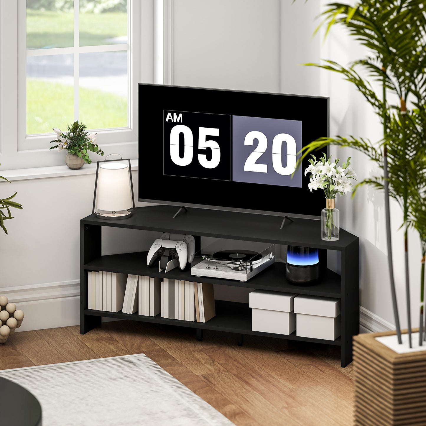 HOMCOM Corner TV Stand For 47 Inch TVs With Two Open Shelves Black Finish For Living Room