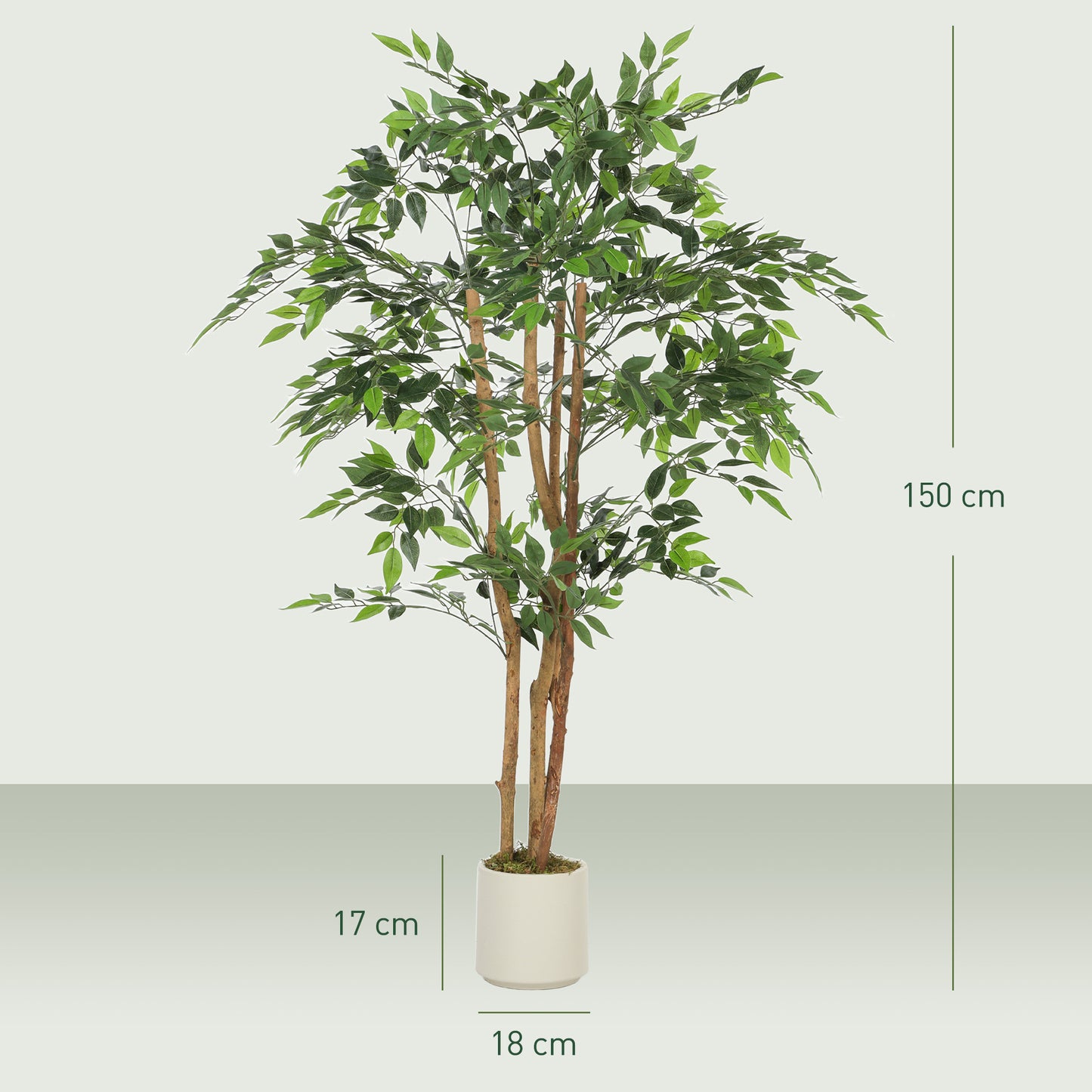 HOMCOM 150cm Artificial Ficus Tree With Solid Wood Trunk In White Pot For Indoor Decor Green Foliage