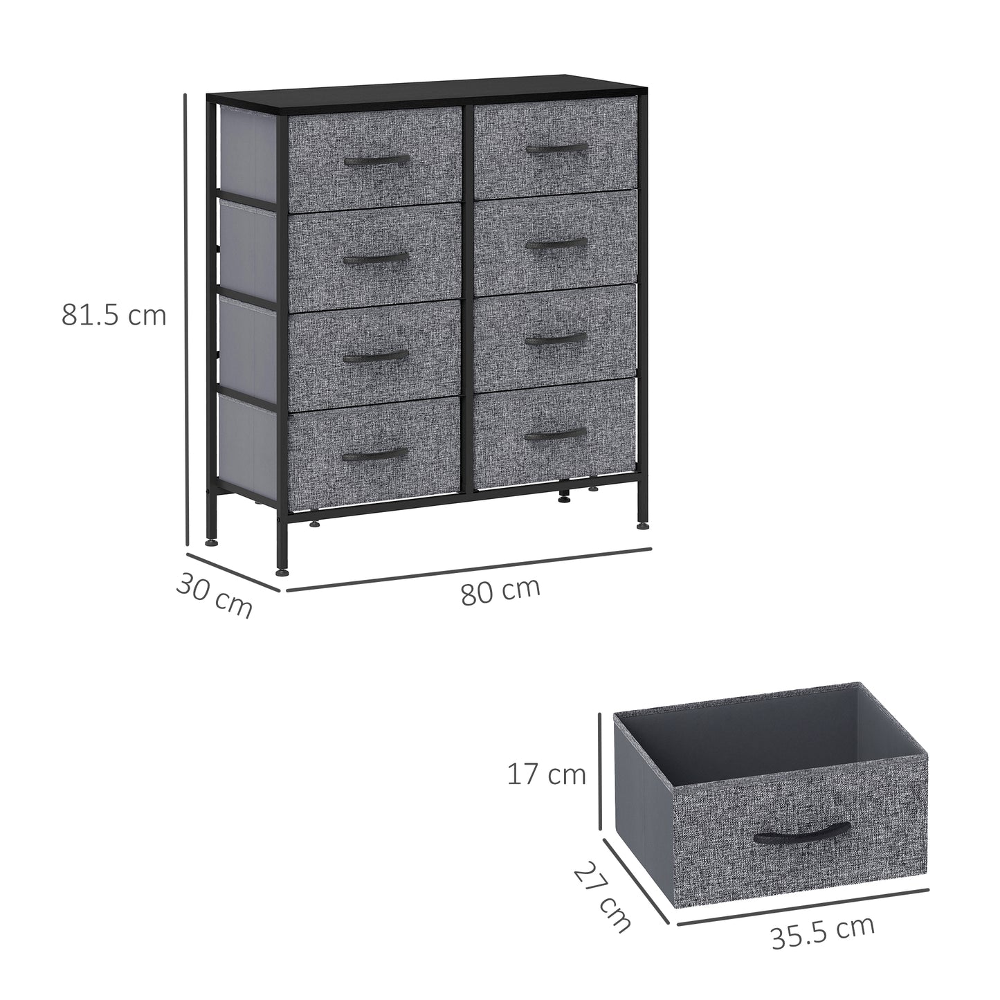 HOMCOM Fabric Chest Of Drawers With 8 Fabric Drawers Steel Frame Wooden Top For Nursery Living Room Hallway Black
