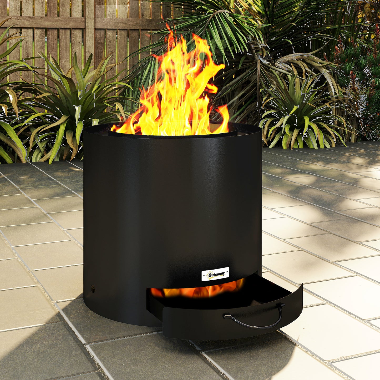 Outsunny Metal Wood Burning Fire Pit With Poker Portable Outdoor Patio Black Powder Coated Finish