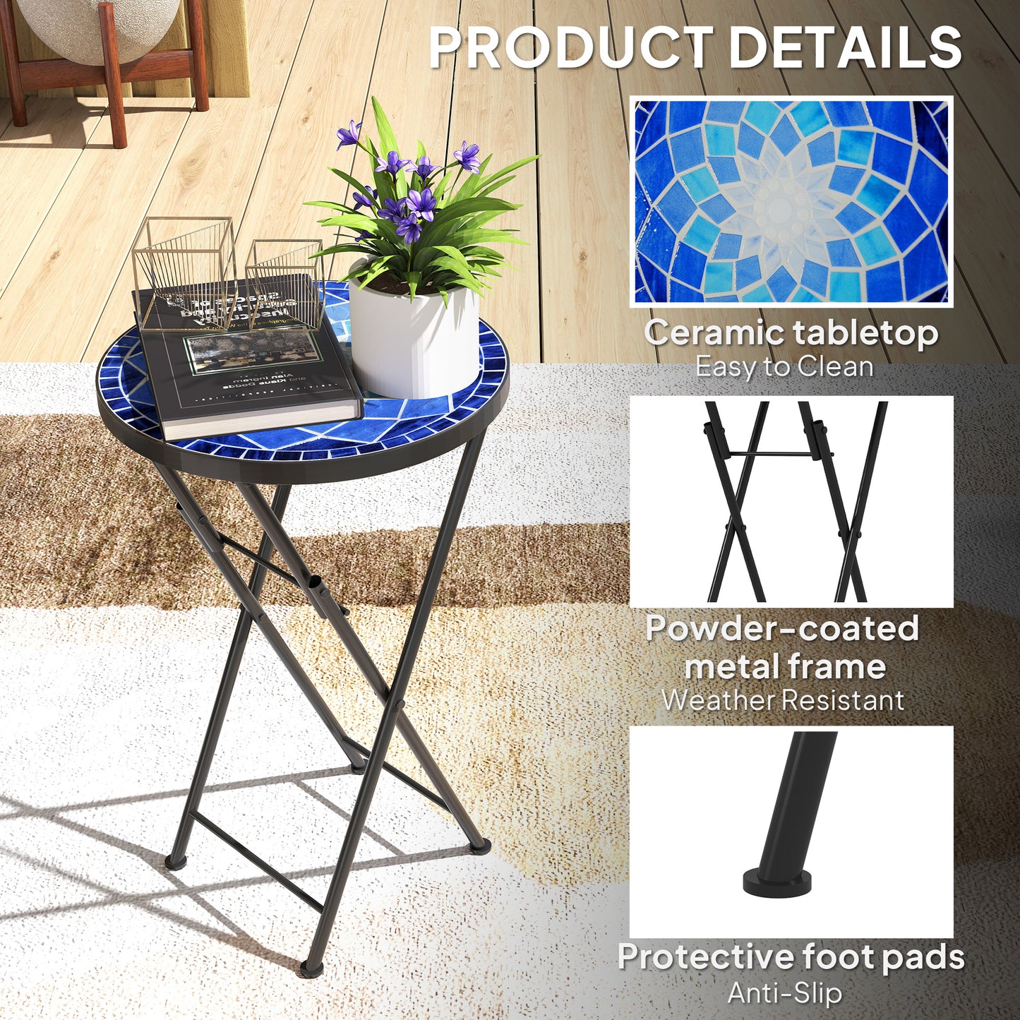 Outsunny Mosaic Outdoor Garden Table 35.5cm Round Folding Coffee Table With Metal Frame For Balcony Terrace Navy Blue