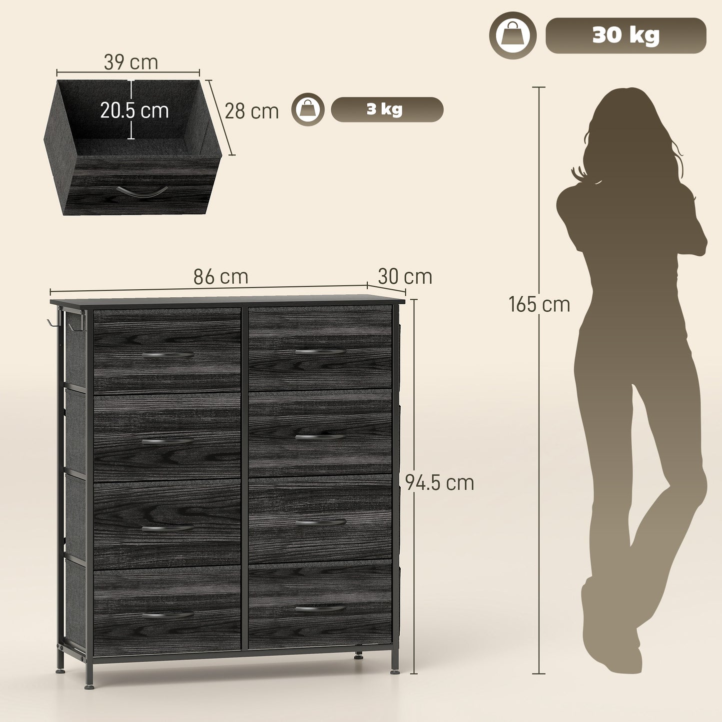 HOMCOM Eight Drawer Fabric Chest Of Drawers In Black With Steel Frame And Side Pockets