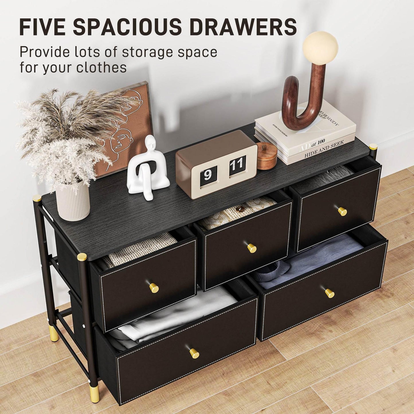 Modern 5-Drawer Fabric Dresser with PU Leather Finish and Steel Frame for Stylish Storage Solutions - ALL4U RETAILER LTD