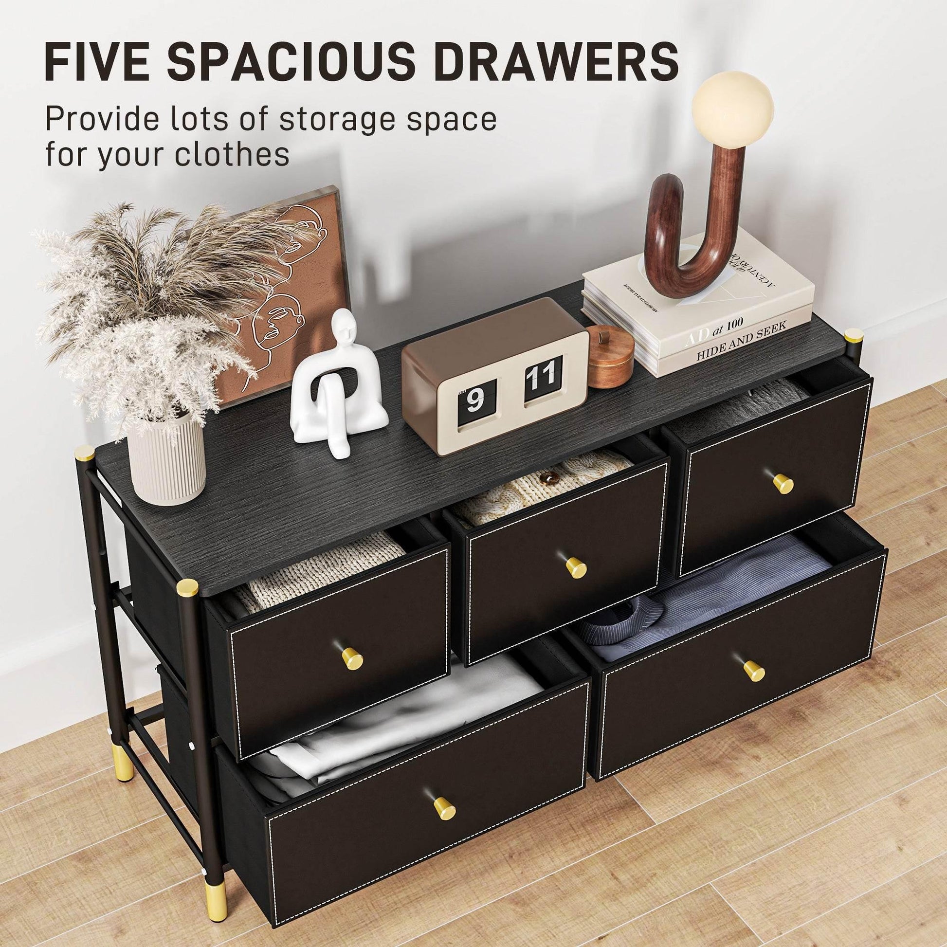 Modern 5-Drawer Fabric Dresser with PU Leather Finish and Steel Frame for Stylish Storage Solutions - ALL4U RETAILER LTD