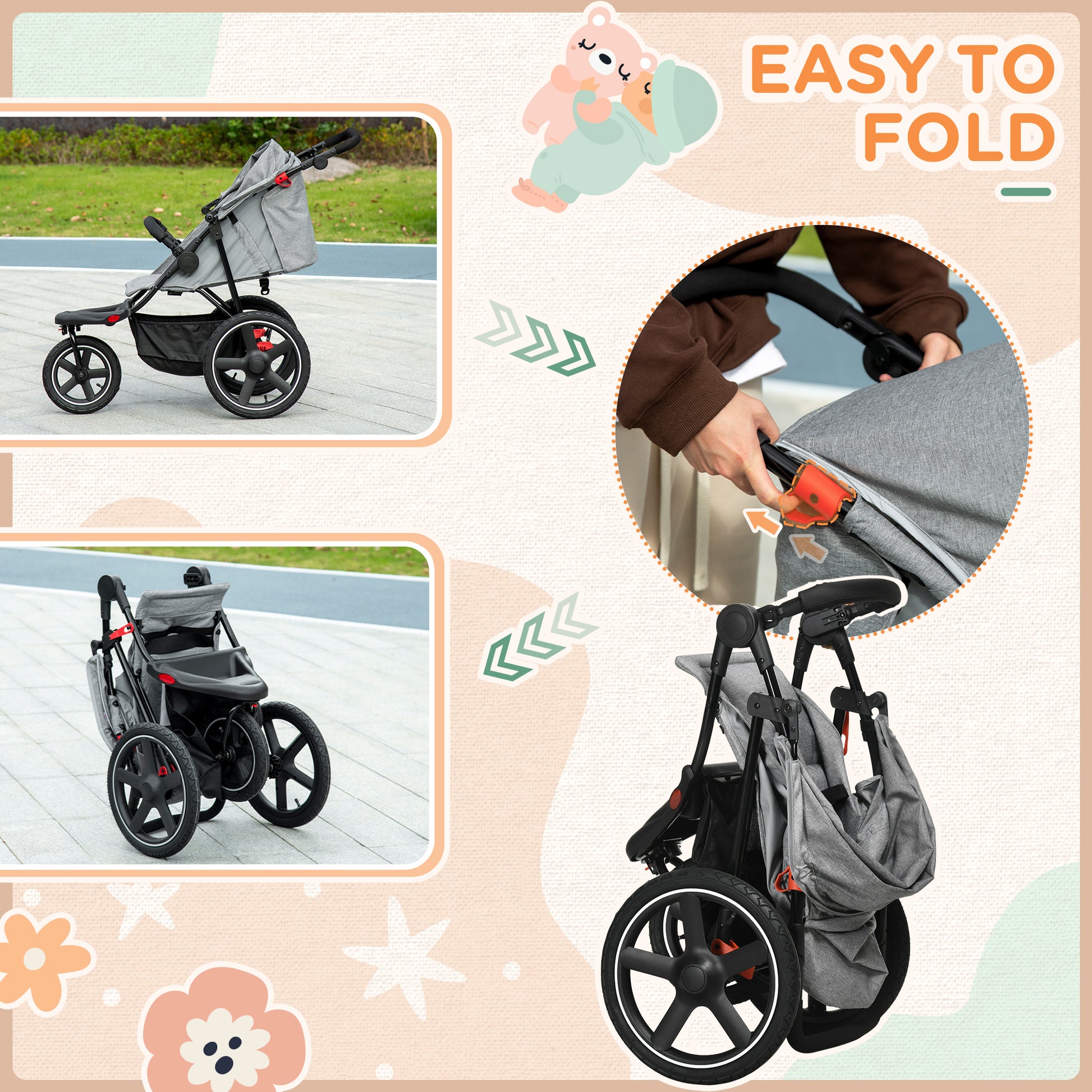 HOMCOM Compact Foldable Three-Wheel Toddler Stroller with Adjustable Canopy and Storage Basket - Grey - ALL4U RETAILER LTD