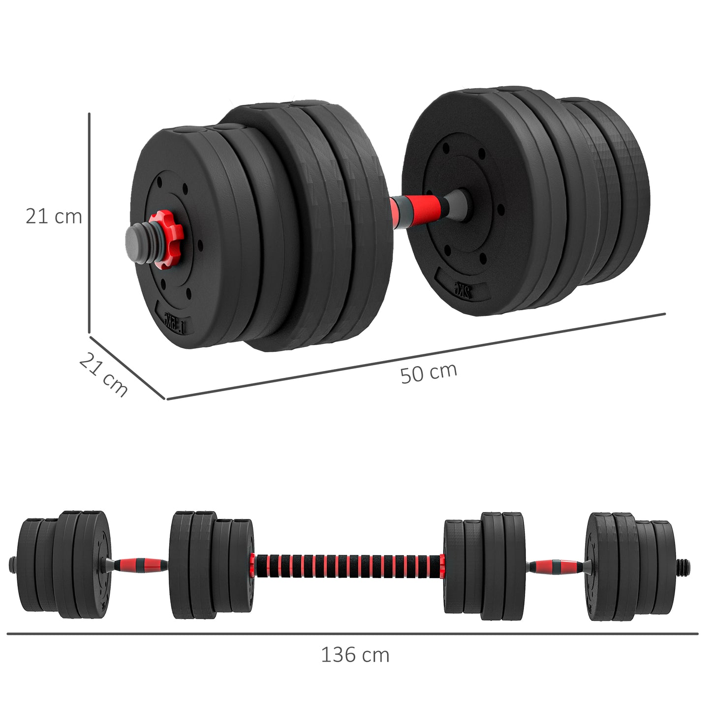 HOMCOM 30kg 2-in-1 Adjustable Dumbbell and Barbell Weight Set for Home and Gym Fitness Training, Black - ALL4U RETAILER LTD