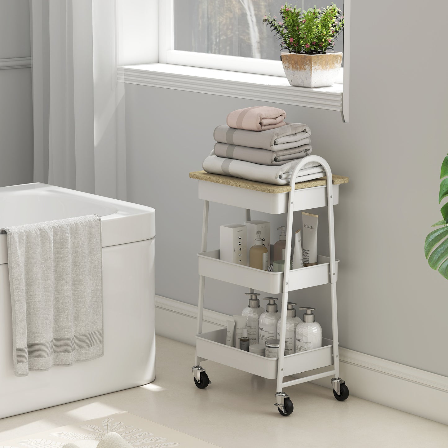 HOMCOM 3-Tier Kitchen Storage Trolley On Wheels With Cover Top Board White And Oak
