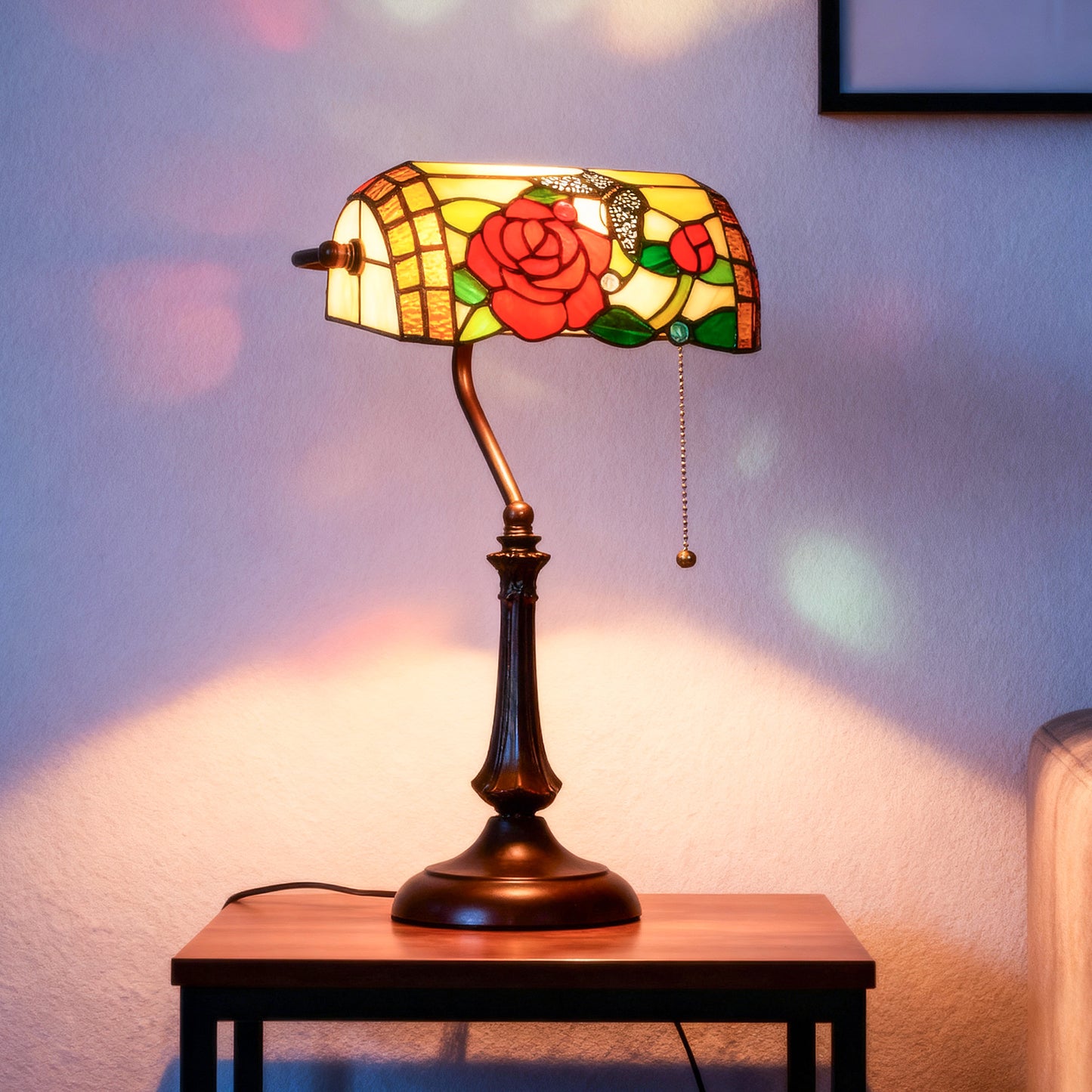 HOMCOM Tiffany Style Rose and Butterfly Table Lamp Multicolored Handmade Glass Shade