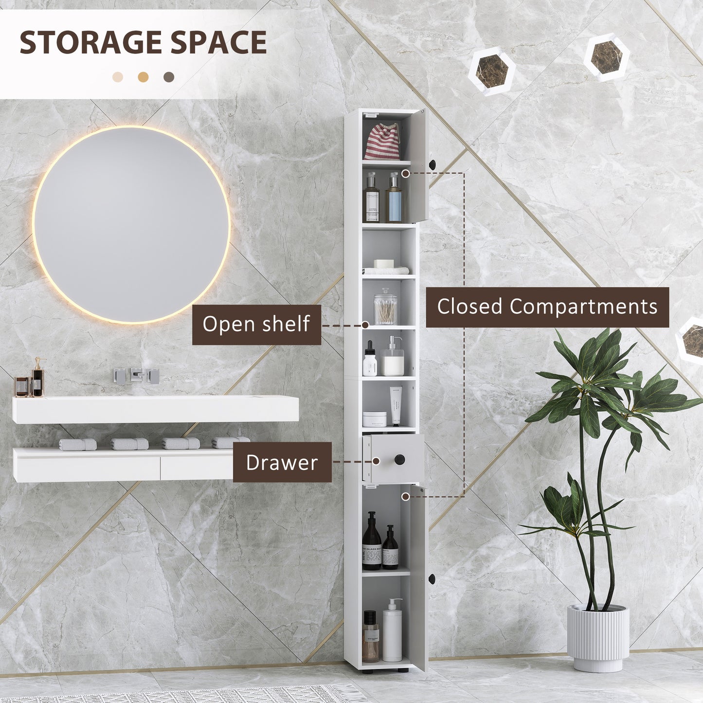 Kleankin 180cm Slim Bathroom Cabinet With Drawer Shelves And Cupboards Light Grey