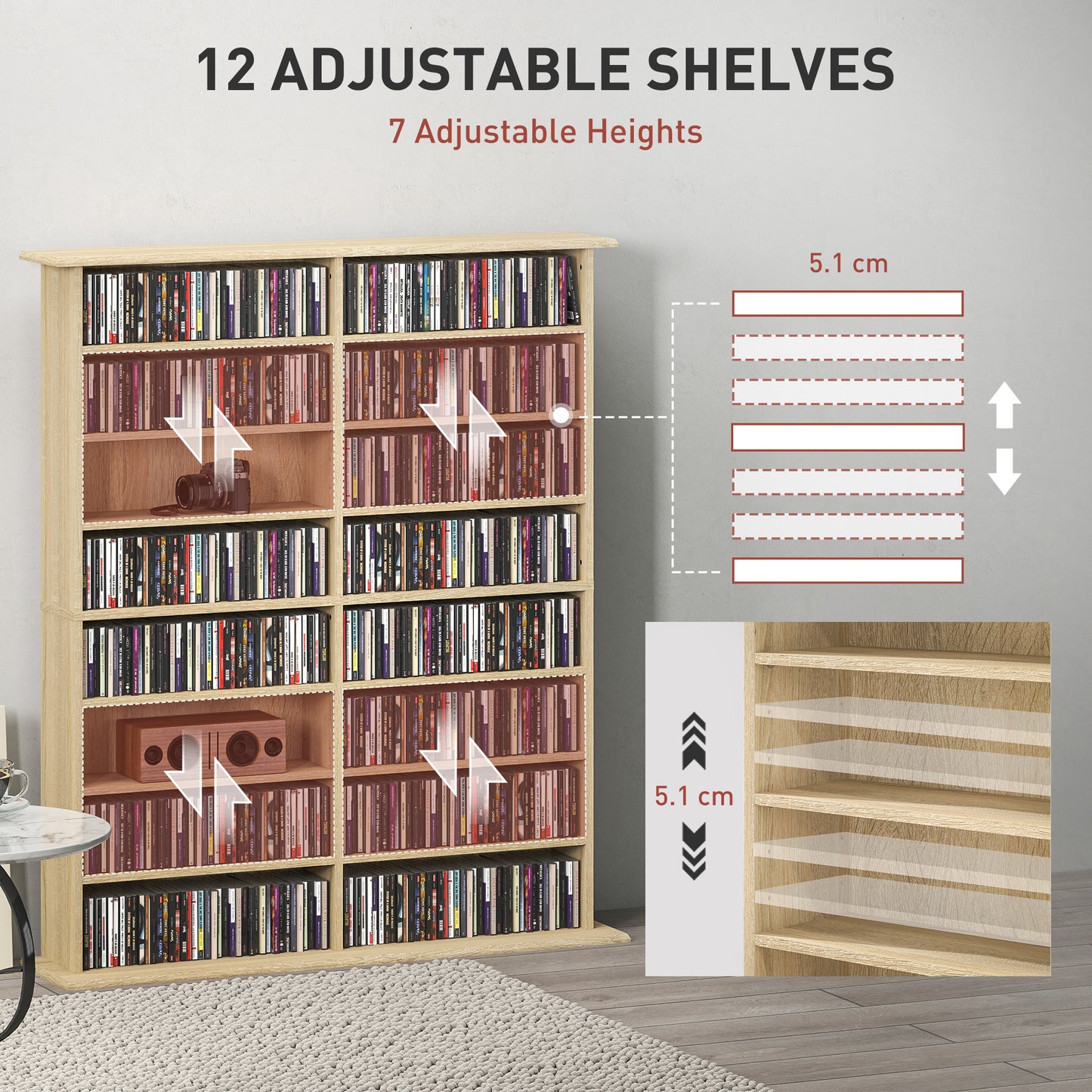 HOMCOM 16 Compartment Media Shelf Nature Wood Finish With 12 Adjustable Shelves Holds 720 CDs 396 DVDs Blu Rays