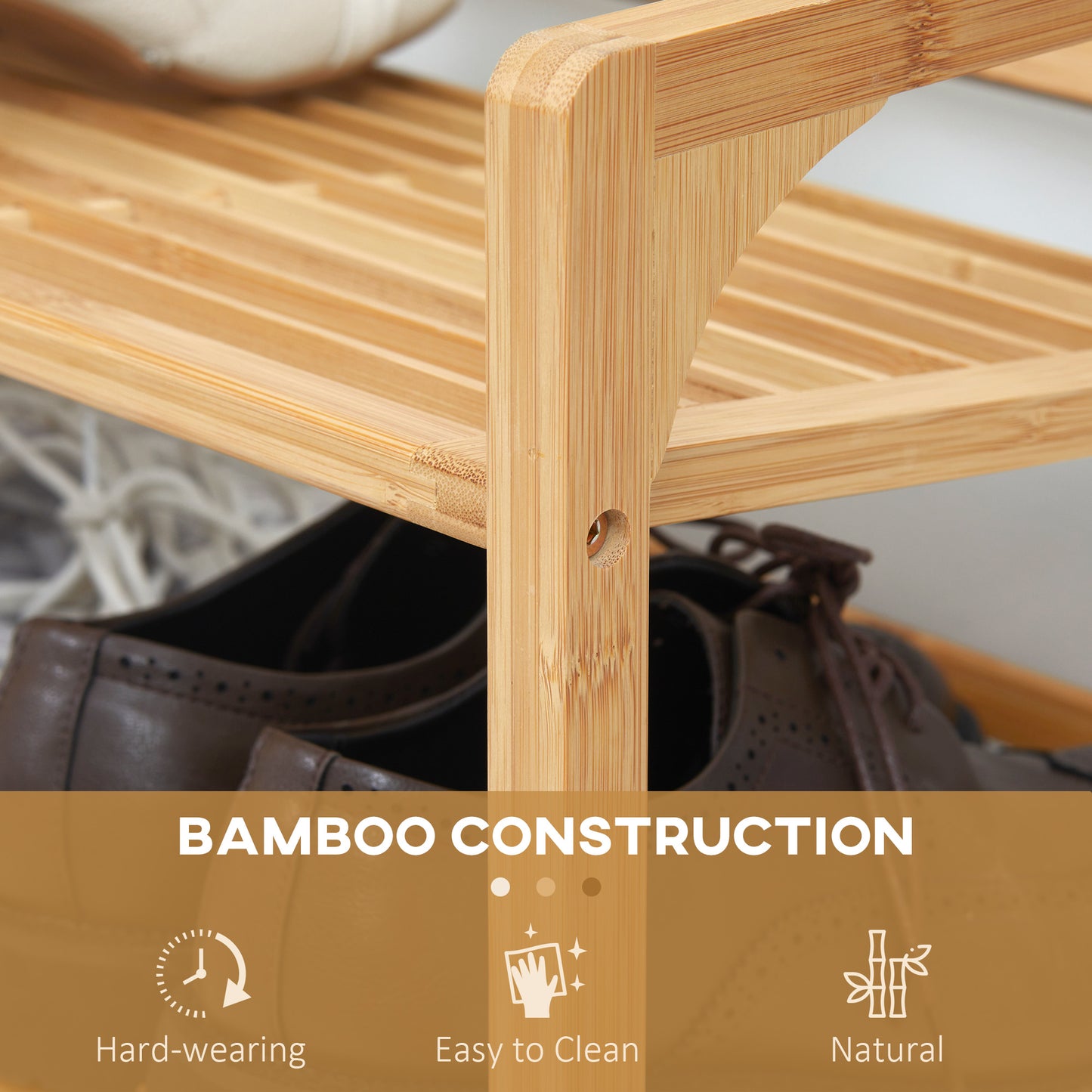 HOMCOM Three Tier Bamboo Shoe Rack With Slatted Shelves Free Standing Organizer For Nine Pairs Of Shoes Natural