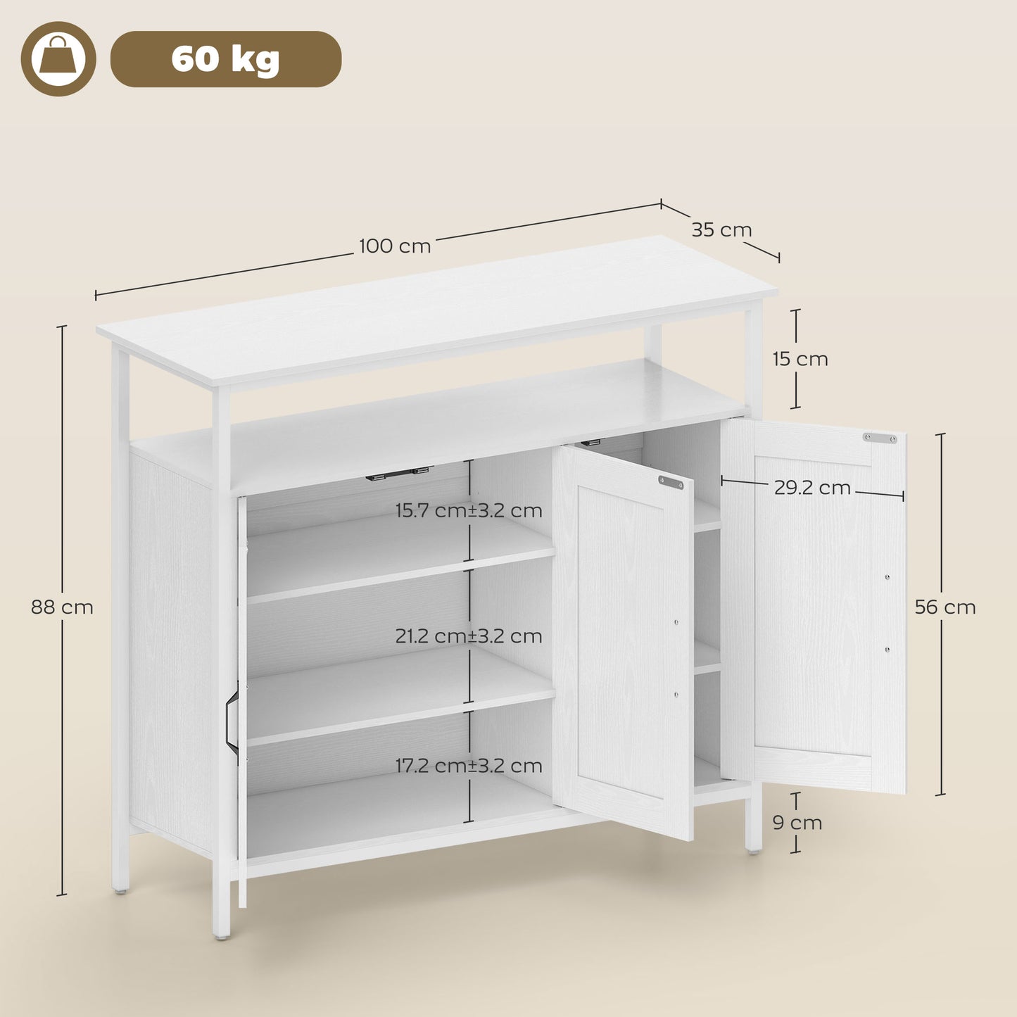 HOMCOM Industrial Kitchen Sideboard With Open Shelf And Two Cabinets, Adjustable Shelves Living Room Dining Room White