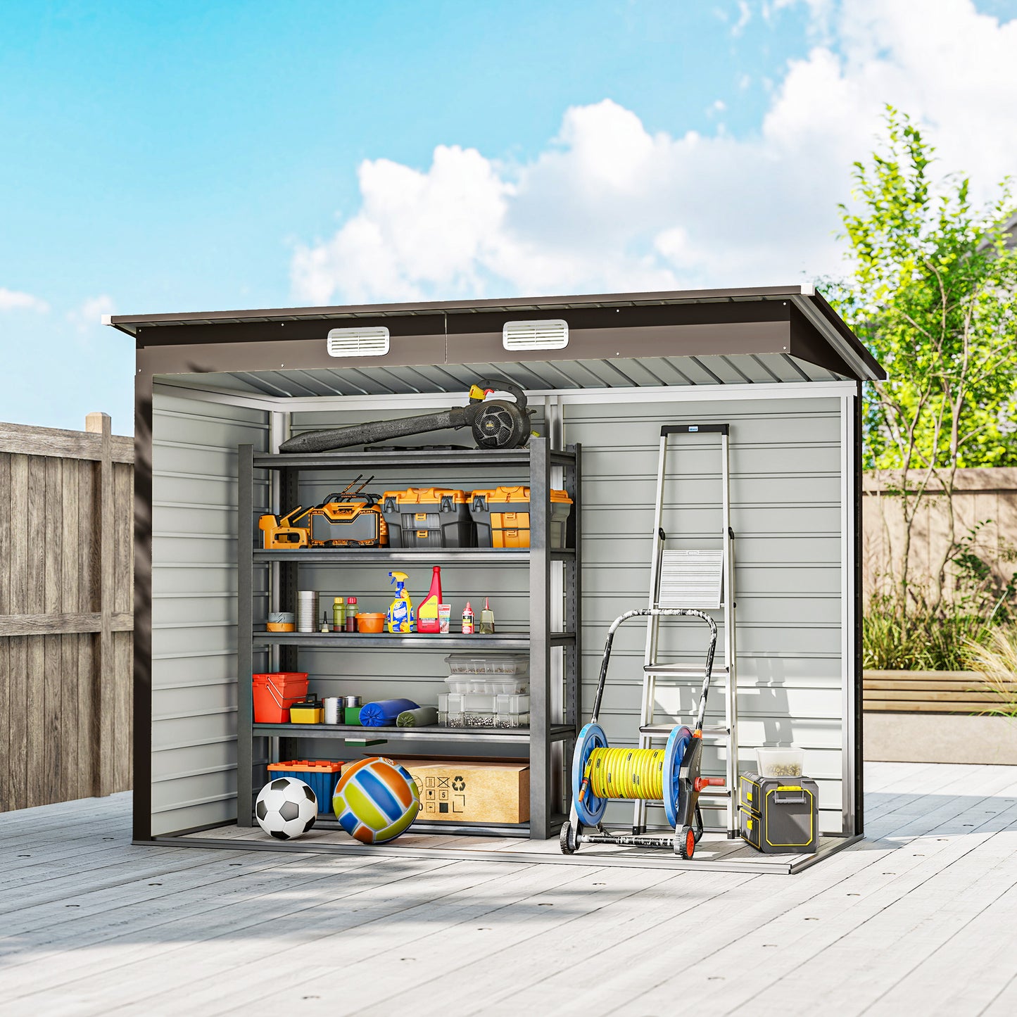 Outsunny 3.7 By 7.9 Ft Galvanised Steel Shed With Latched Door And Padlock Oak Finish