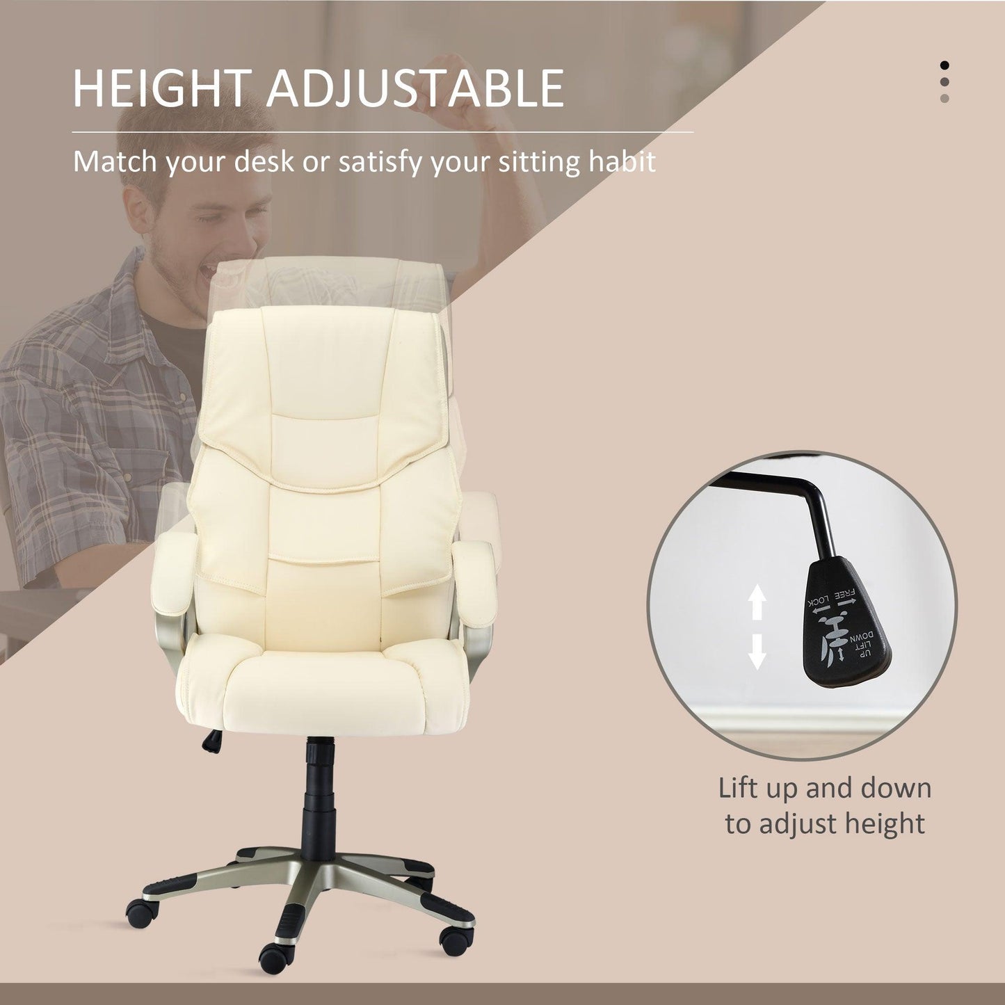 HOMCOM Home Office Chair High Back Computer Desk Chair with Faux Leather Adjustable Height Rocking Function Cream White - ALL4U RETAILER LTD