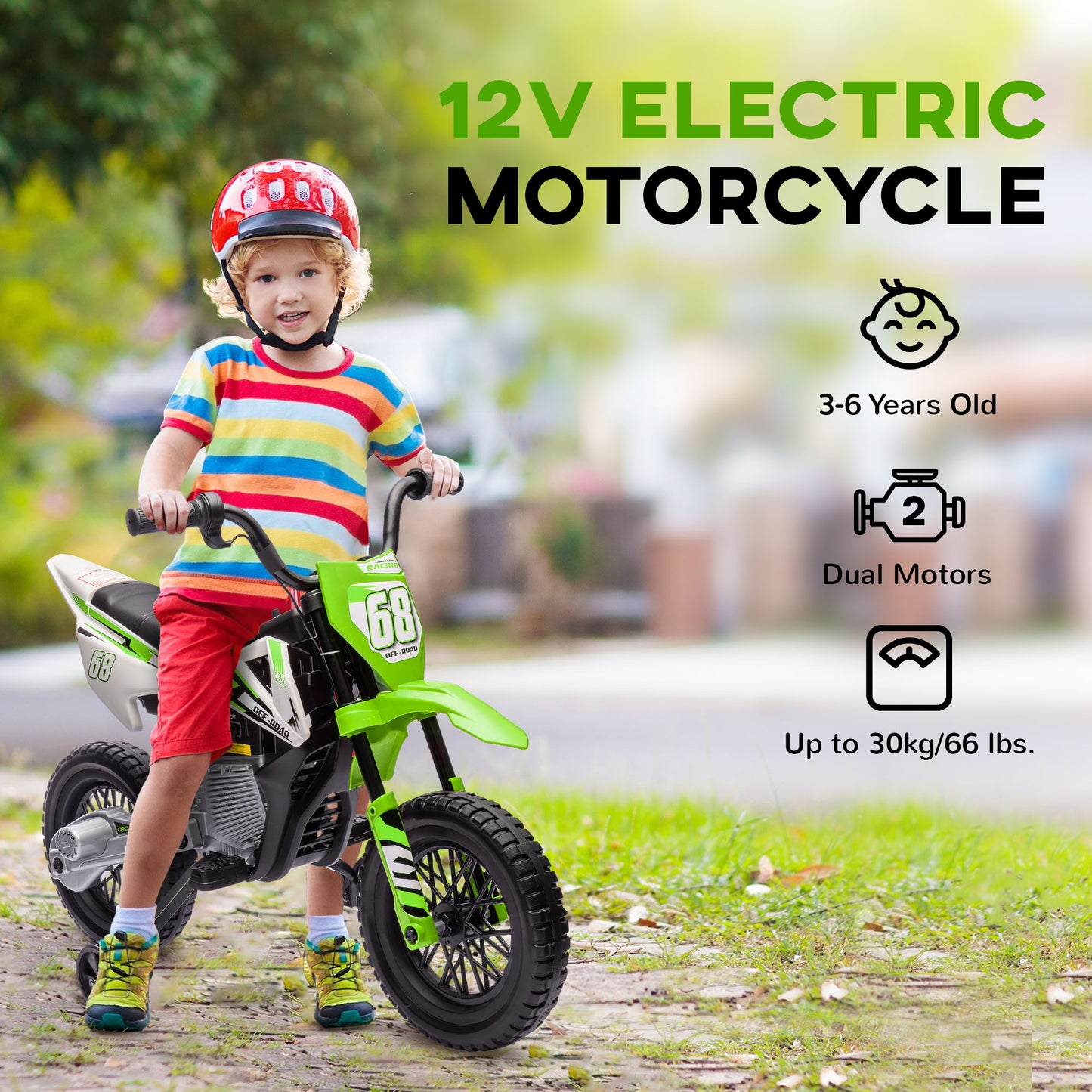 AIYAPLAY 12V Electric Kids Motorcycle with Training Wheels and Music - Green