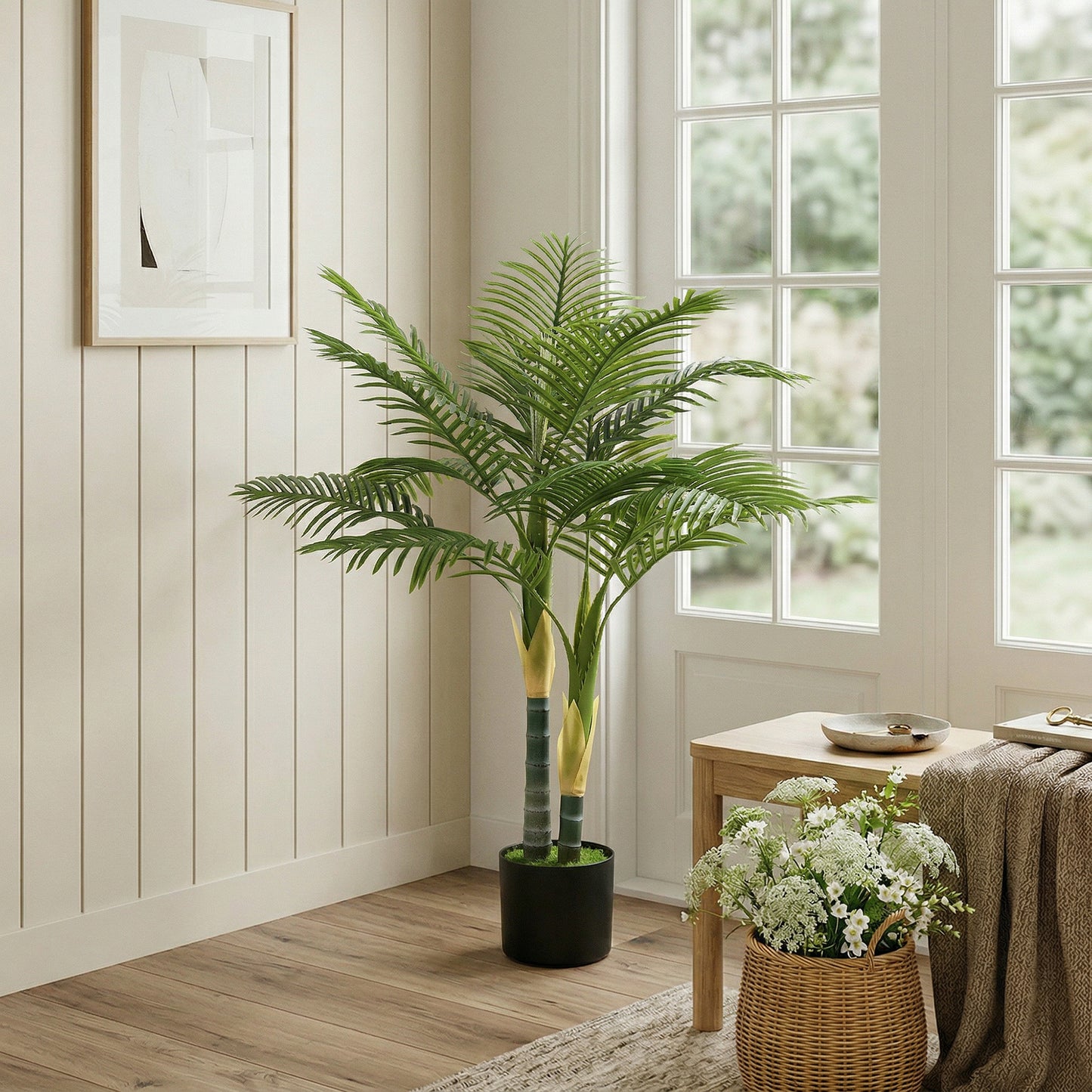 HOMCOM 120cm Artificial Palm Tree With 14 PEVA Leaves In Pot Decorative Plant With Moss Effect Green