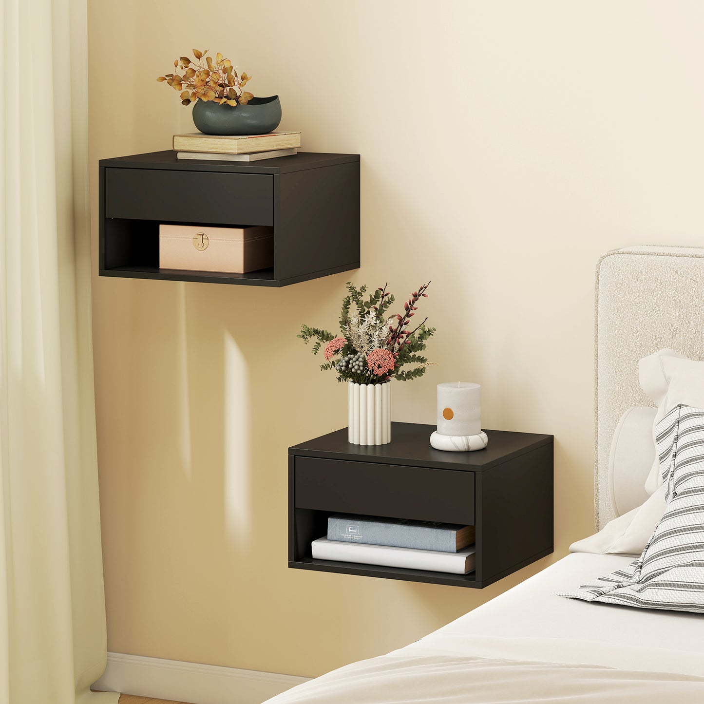HOMCOM Floating Bedside Tables Set of Two Wall Mounted Nightstands Black Finish With Drawer and Open Shelf Space Saving