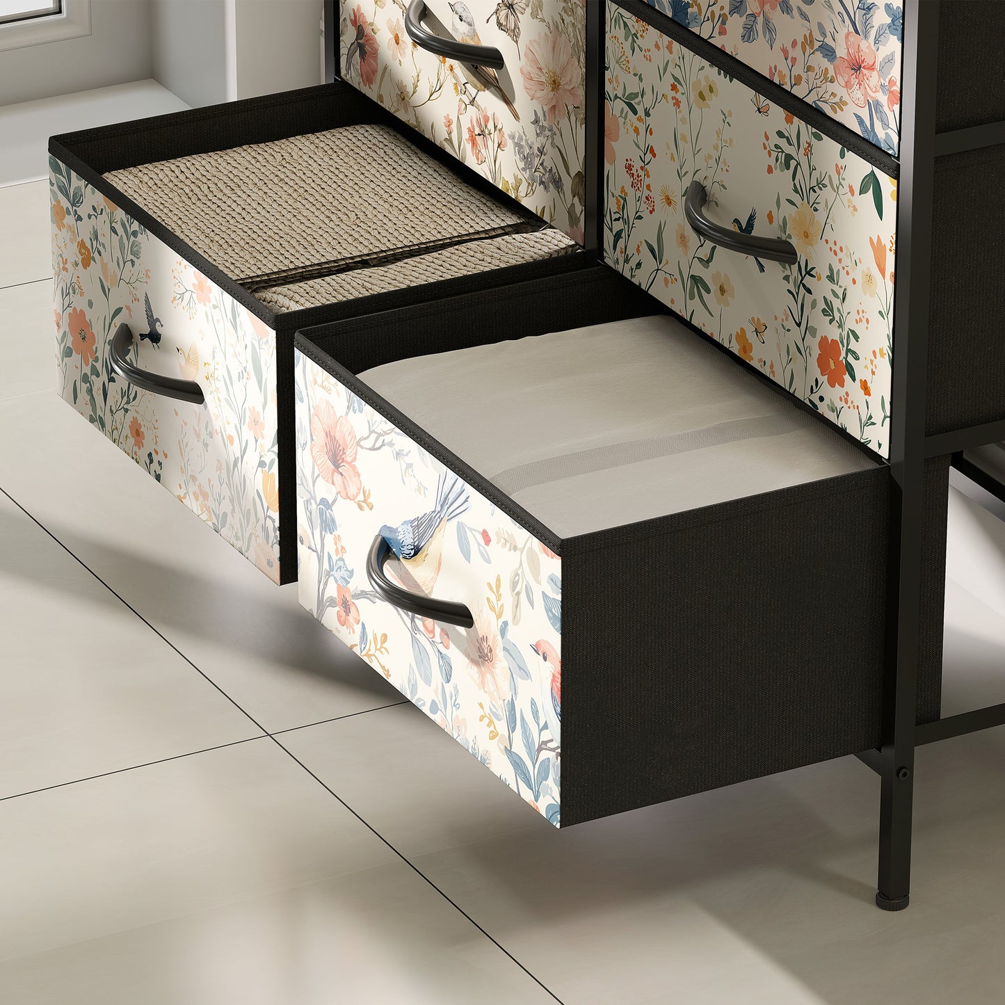 HOMCOM Eight Drawer Fabric Chest Of Drawers White With Removable Foldable Drawers And Patterned Panels