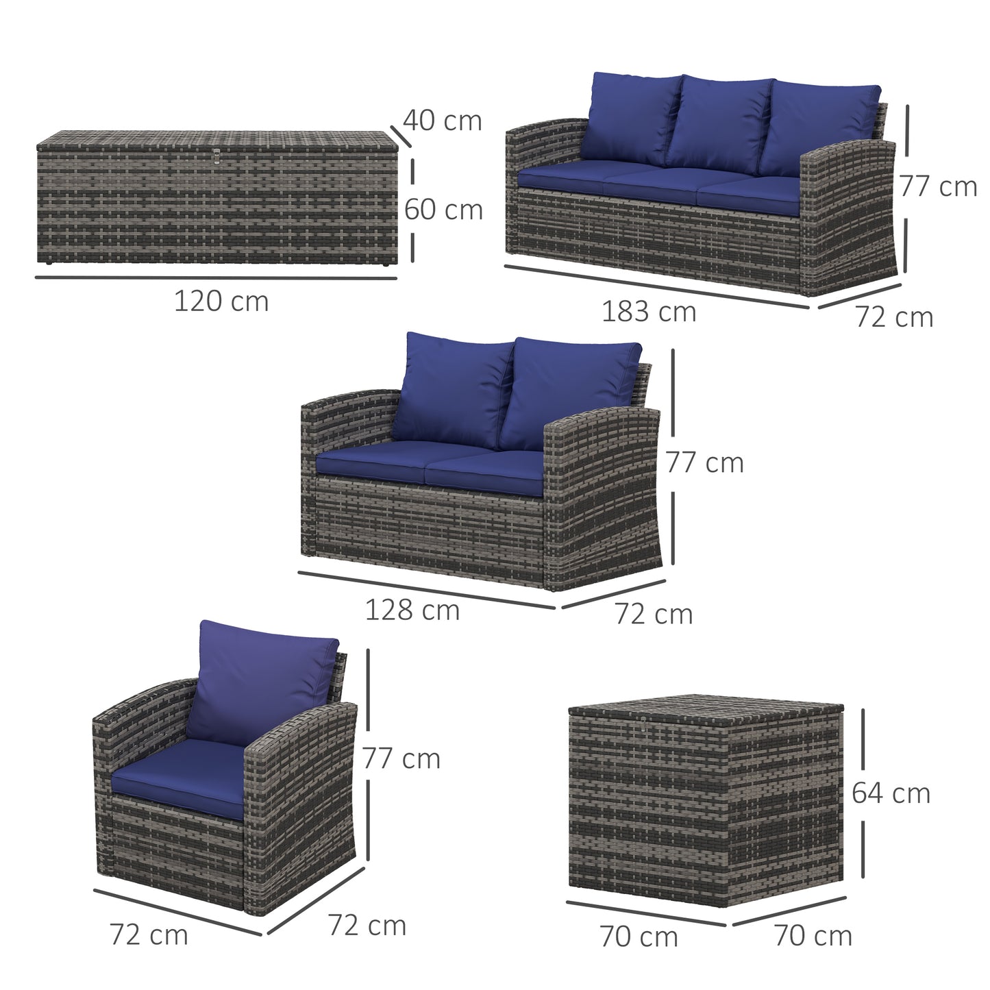 Outsunny 6 Piece Rattan Garden Furniture Set 7 Seater Navy Blue Wicker Sofa With Storage Tea Table And Side Table