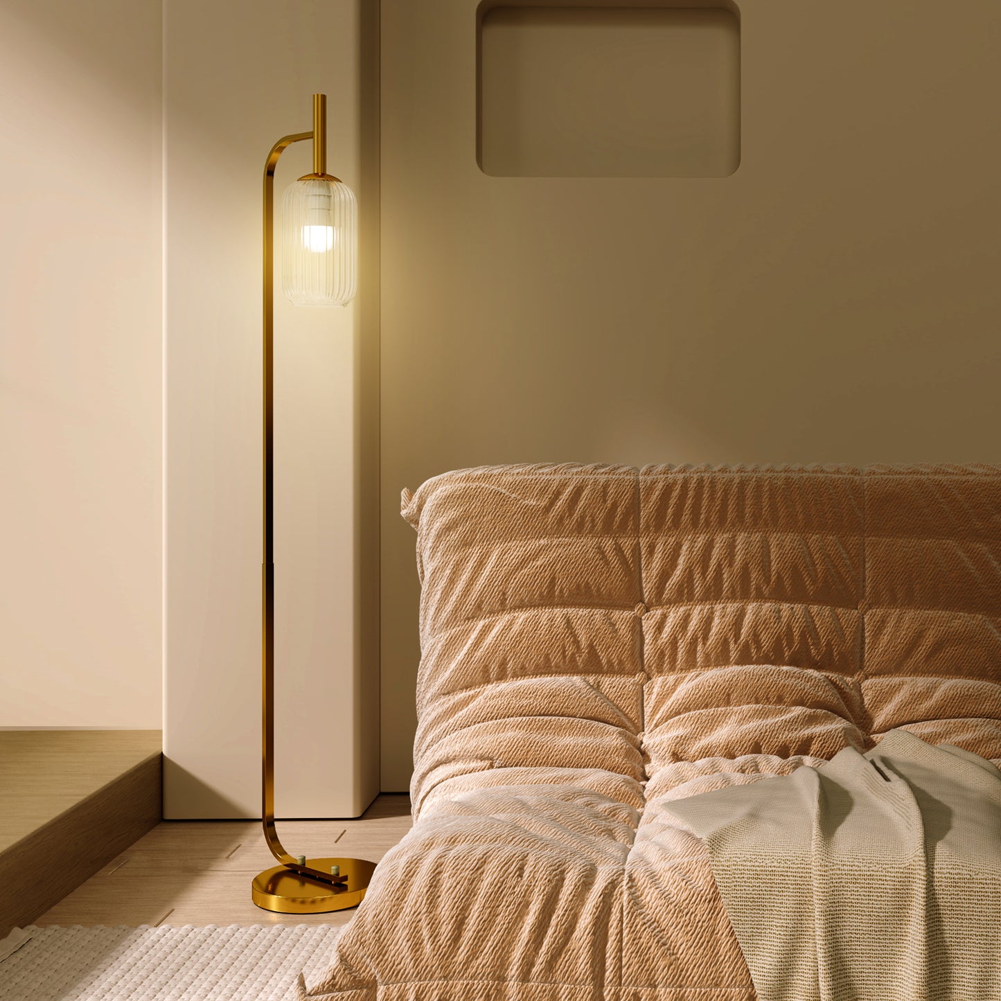 HOMCOM LED Floor Lamp With Glass Lampshade Modern Standing Lamp Foot Switch Adjustable Brightness 2700K Gold Tone
