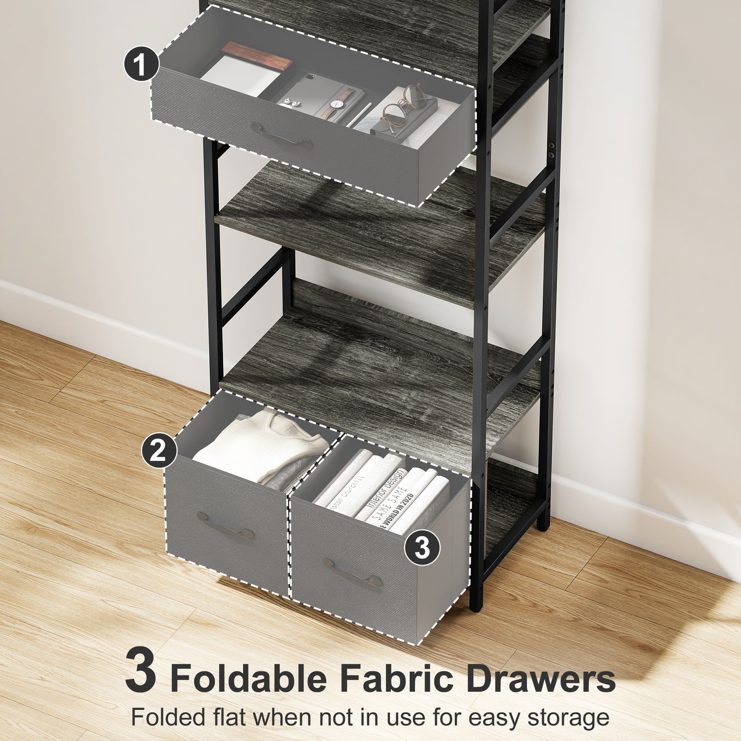 HOMCOM Industrial Style 4 Shelf Bookcase With 3 Fabric Drawers Grey And Black For Open Display
