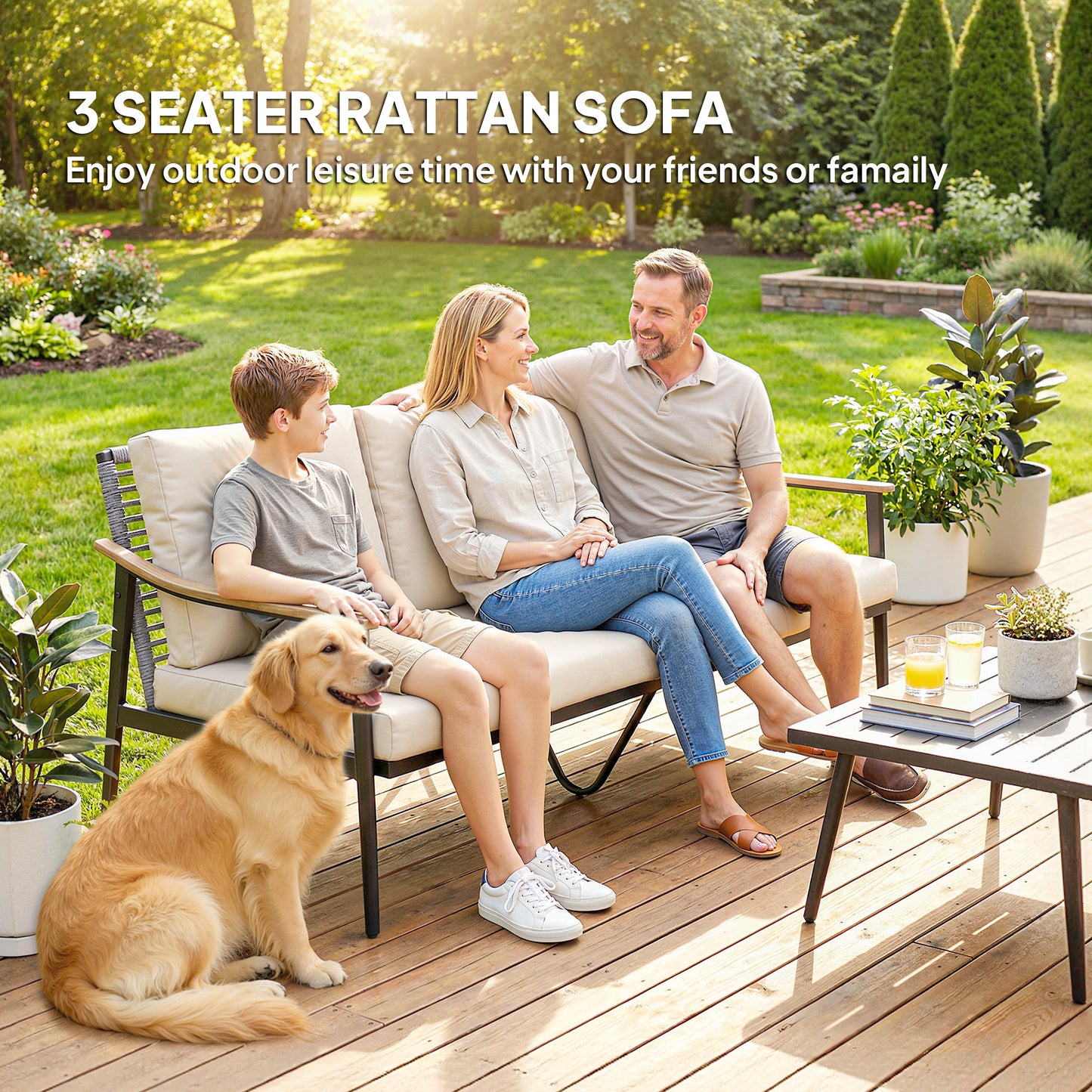 Outsunny 3 Seater Rattan Sofa Outdoor Garden Sofa With Wood Effect Armrests Cushions For Patio Balcony Khaki