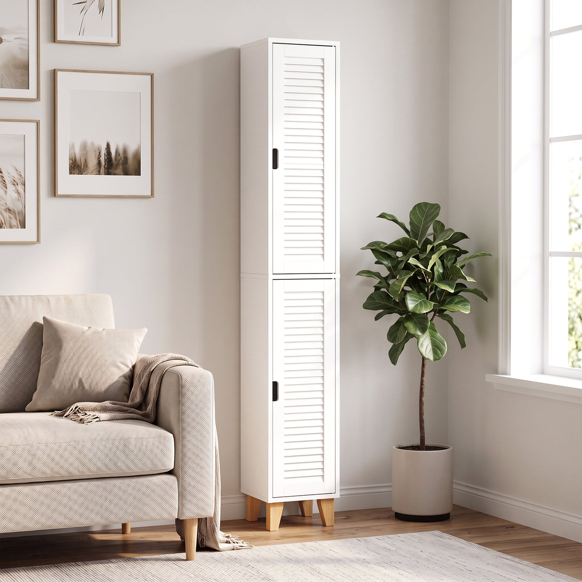 Tall White Bathroom Cabinet With Louvered Doors And Adjustable Shelf Storage