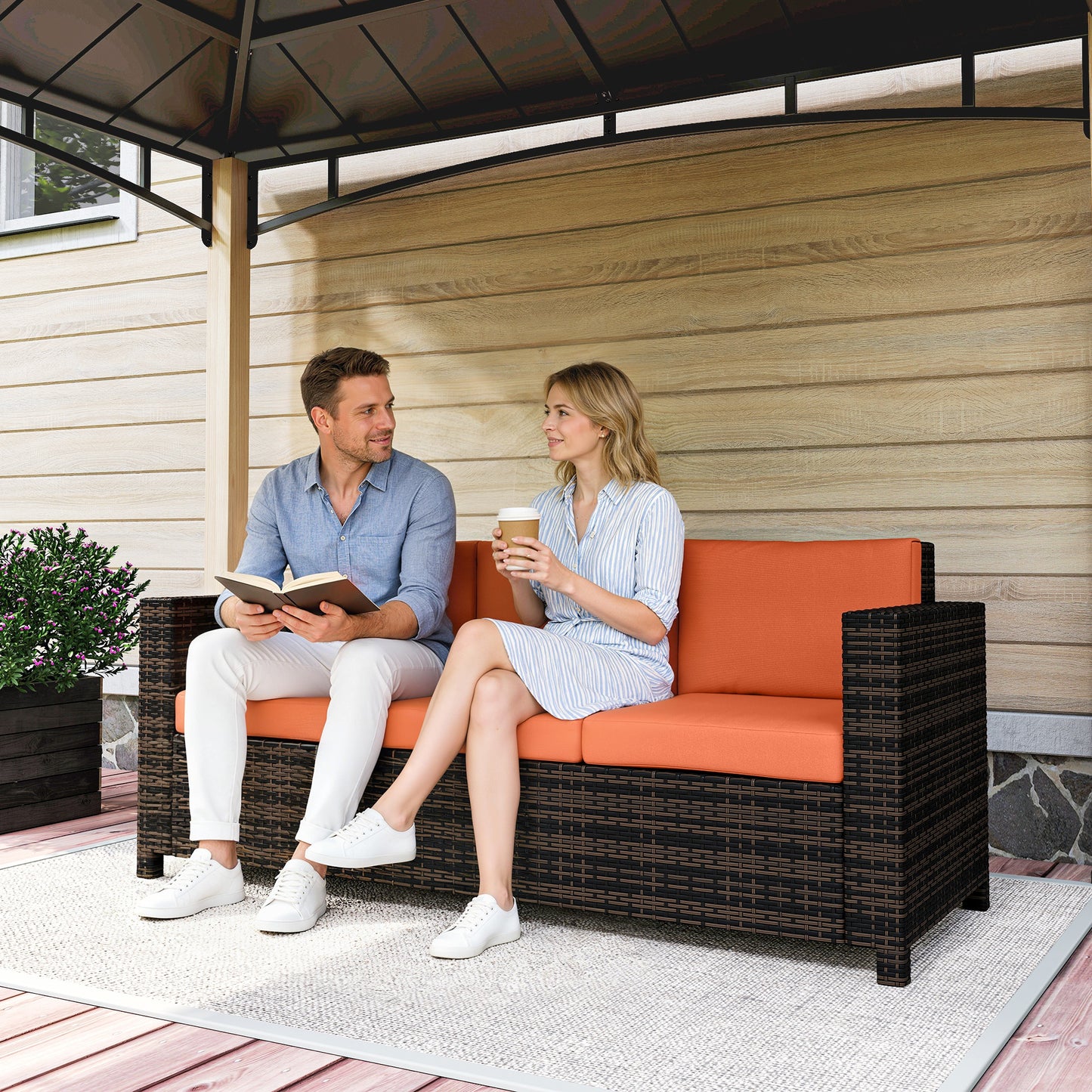 Outsunny 3 Seater Rattan Sofa All Weather Wicker Weave Metal Frame With Fire Resistant Cushions Orange