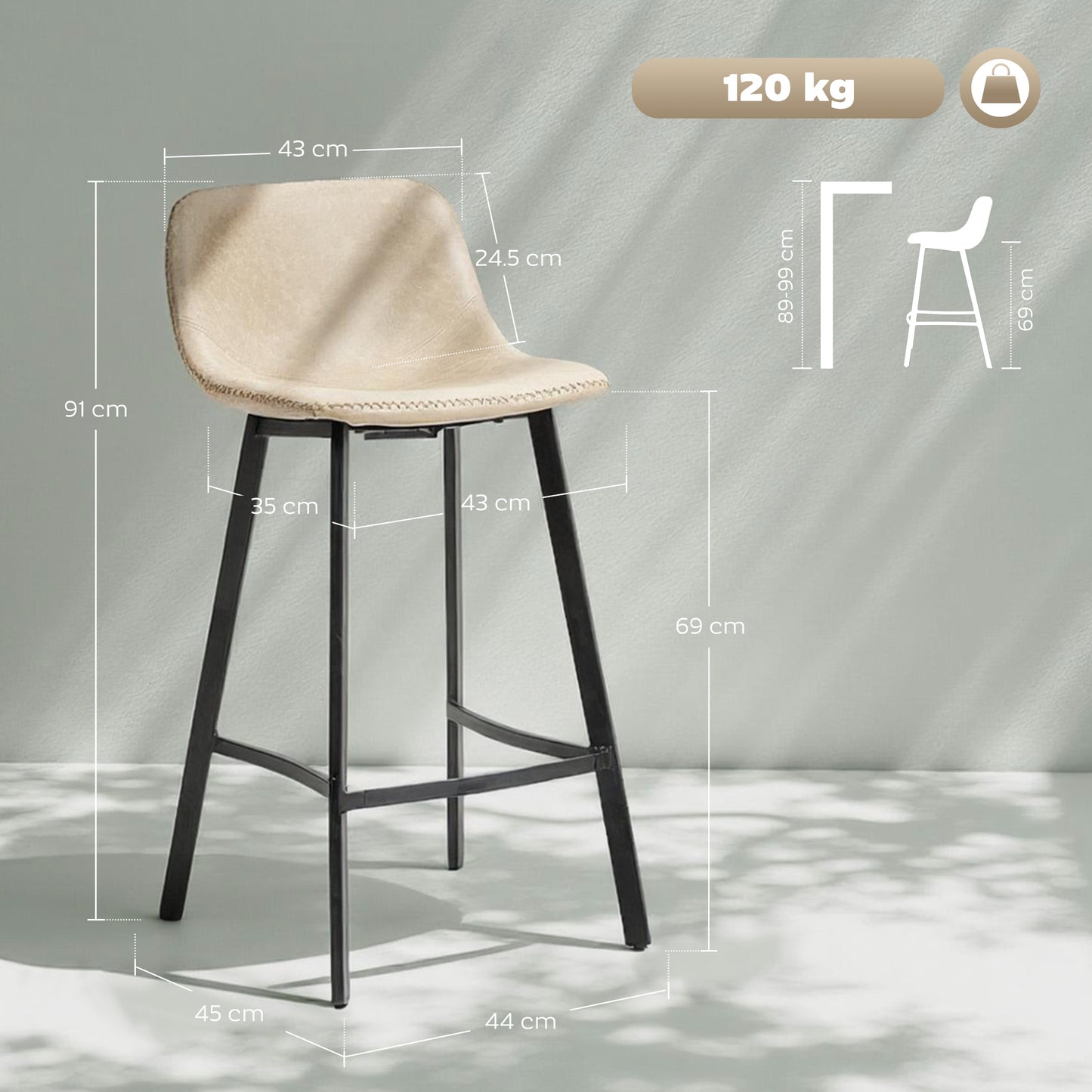 HOMCOM Bar Stool Set Of 2 With Backrest And Footrest PU Leather Chairs For Kitchen Counter Breakfast Bar Light Brown