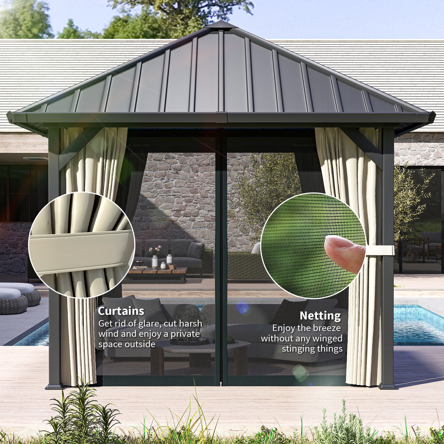 Outsunny 3x3m Hardtop Gazebo With Galvanised Roof And Water Gutter Waterproof Pavilion With Netting Curtains For Patio