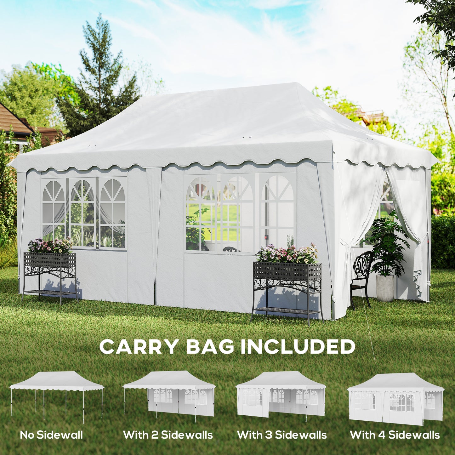 Outsunny 3x6m Pop Up Gazebo With Sides UPF50 Plus Height Adjustable Marquee Party Tent Wedding Canopy Carry Bag White