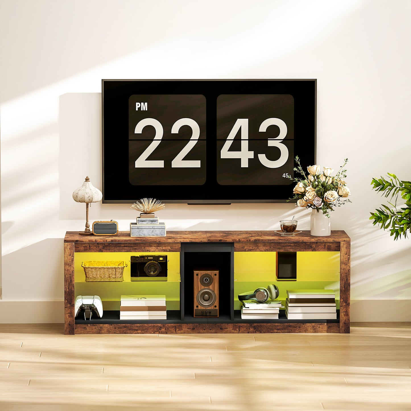 HOMCOM TV Stand Cabinet With LED Lights And Remote For 65 Inch TVs Rustic Brown Entertainment Centre