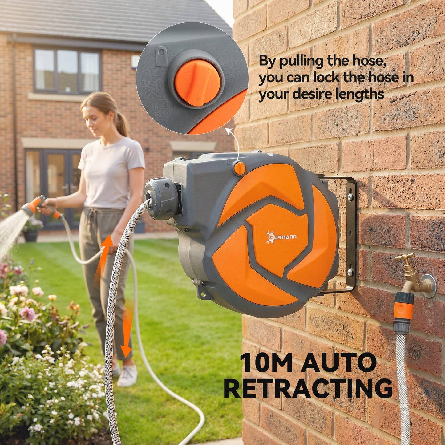 Durhand 10m Garden Hose Reel Wall Mounted Auto Rewind With 7 Pattern Spray Nozzle Orange Includes Wall Fixings