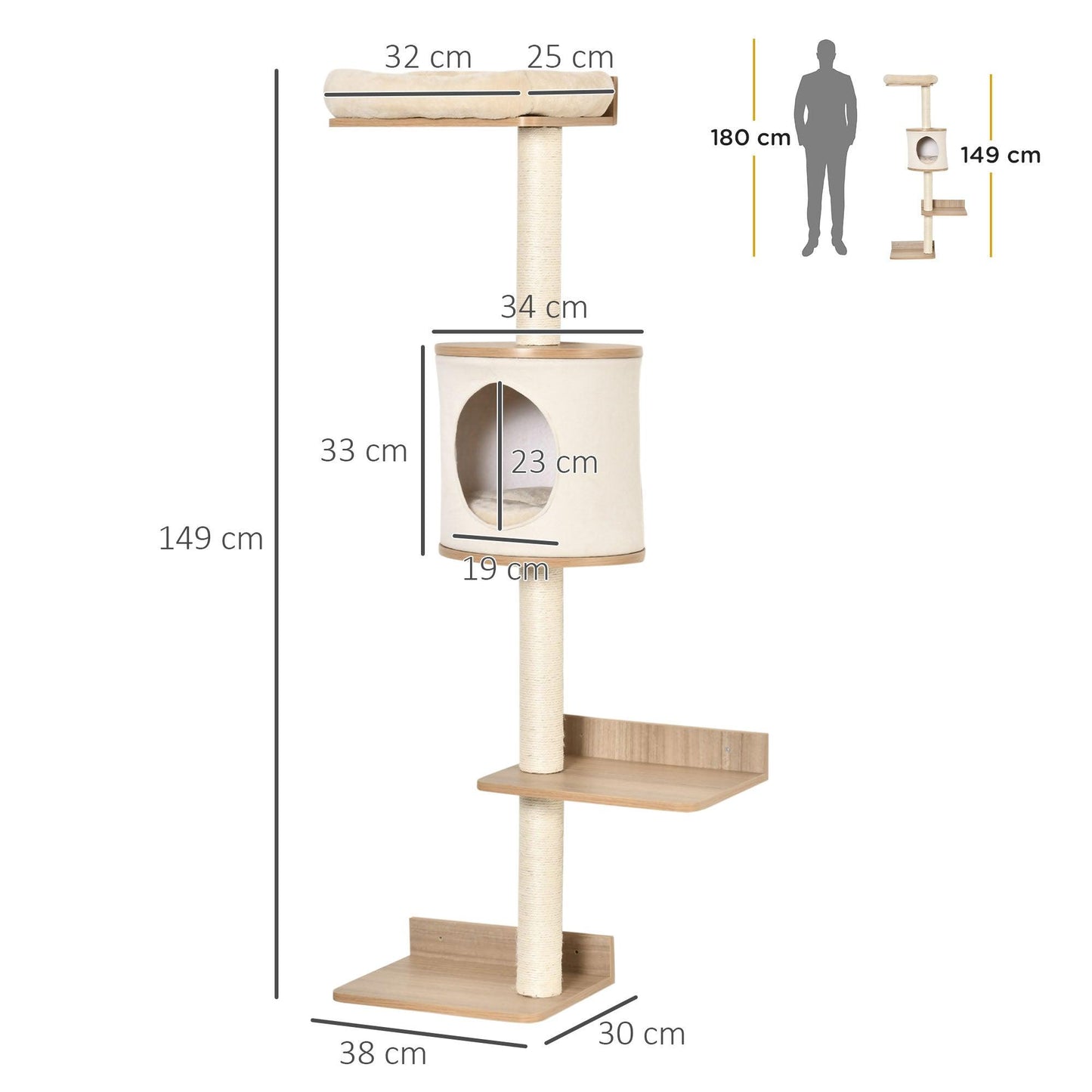 PawHut Wall-Mounted Cat Tree Condo Bed Scratching Post - Beige - ALL4U RETAILER LTD