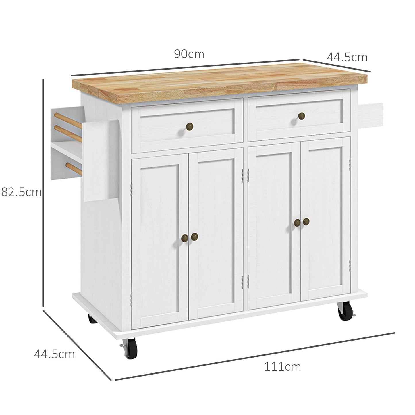 HOMCOM Modern White Kitchen Island Cart with Rubberwood Top, Drawers, and Storage Solutions - ALL4U RETAILER LTD
