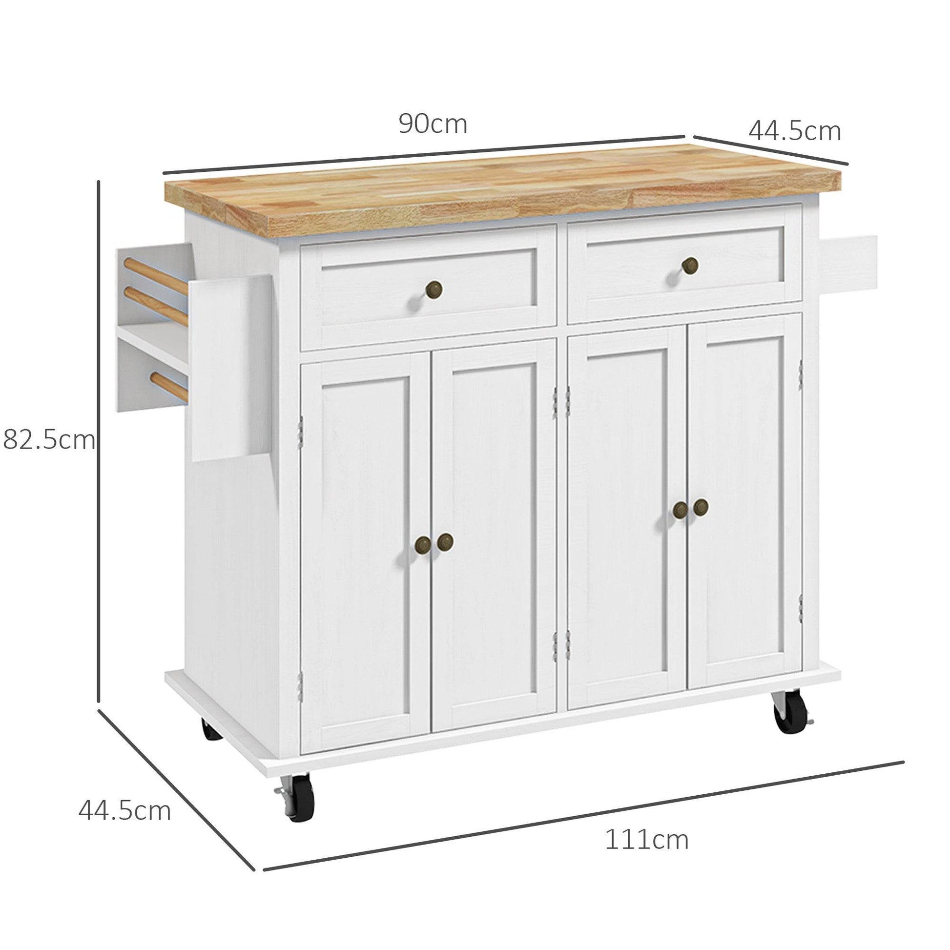 HOMCOM Modern White Kitchen Island Cart with Rubberwood Top, Drawers, and Storage Solutions - ALL4U RETAILER LTD