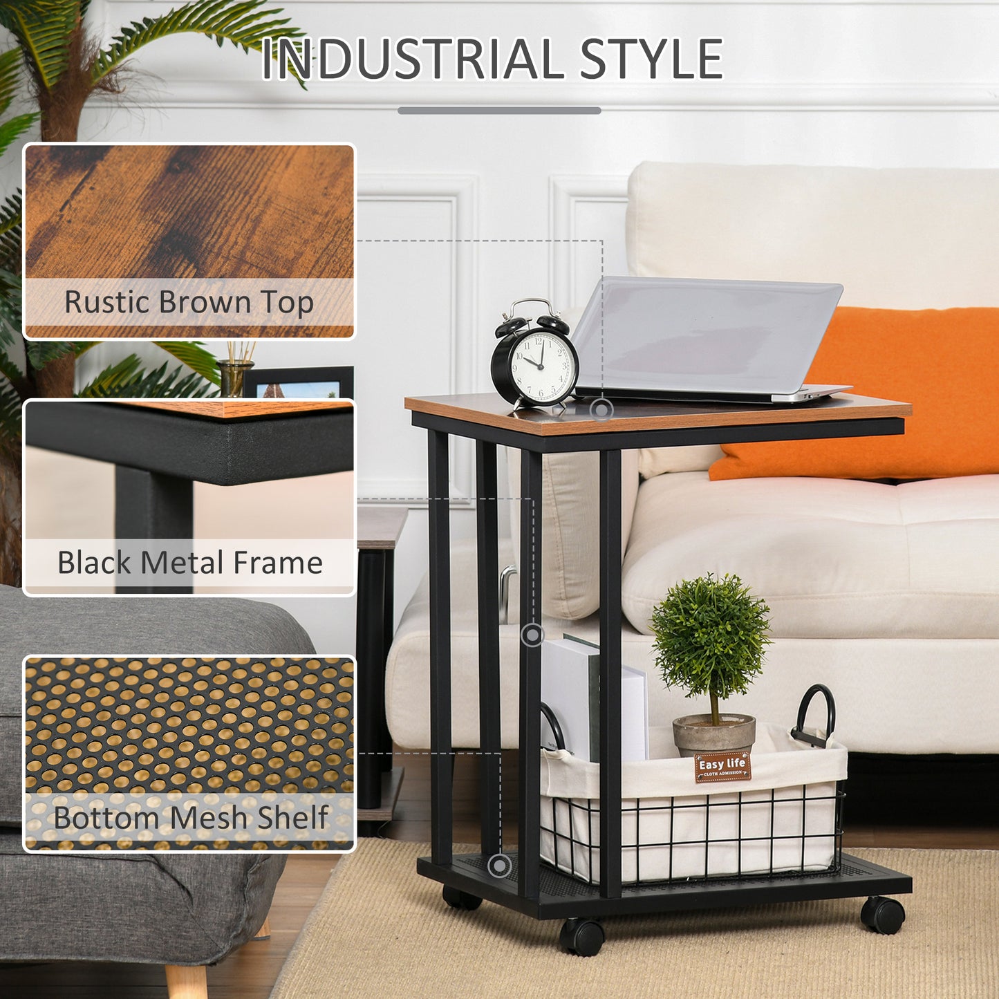 HOMCOM C Shaped Side Table Set of 2 with Wheels Mobile End Table Laptop Stand Metal Frame and Storage Shelf Rustic Brown