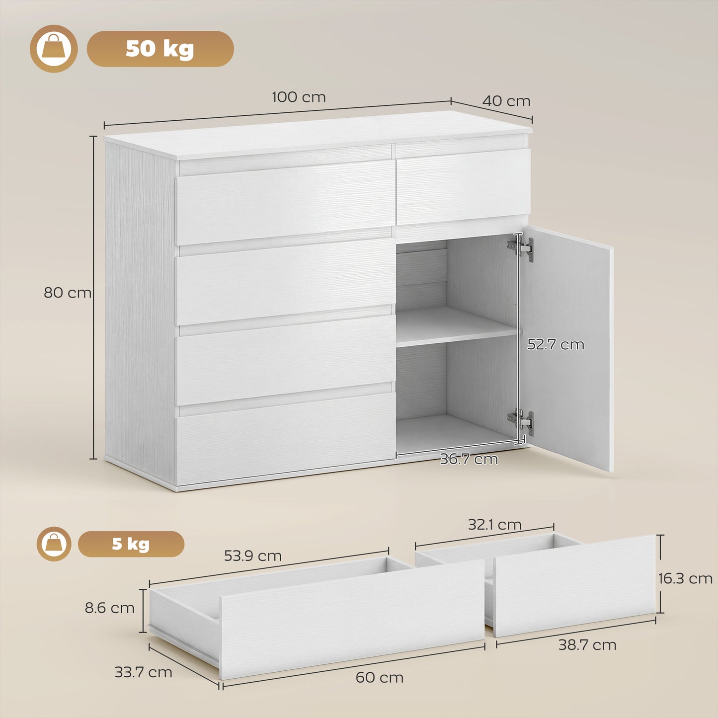 HOMCOM Modern Sideboard Storage Cabinet With Five Drawers Soft Close Doors And Adjustable Shelf White