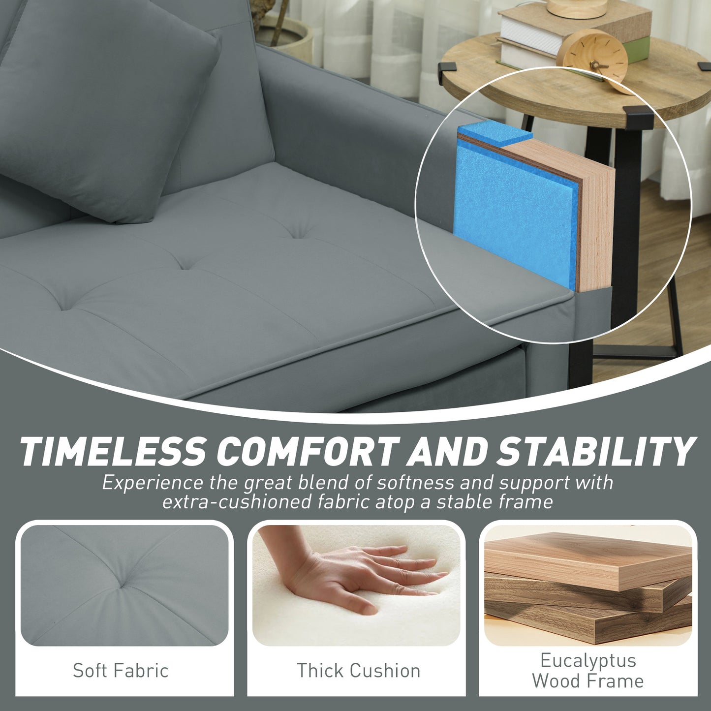 HOMCOM Luxurious Three Seater Velvet Feel Sofa Bed Grey With Click Clack Mechanism Wheels And Pull Handles