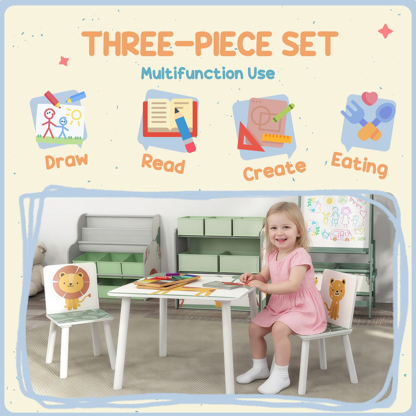 AIYAPLAY 3 Piece Toddler Table and Chair Set with 2 Chairs Green Animal Print Safe Edges for Playroom