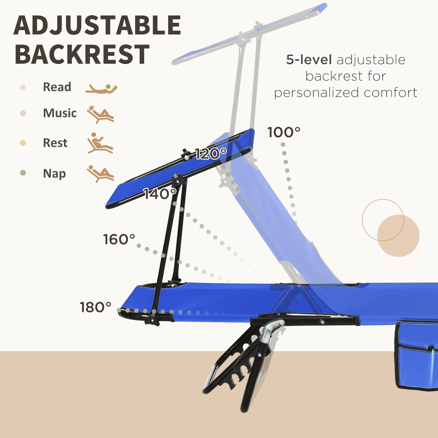 Outsunny Set of Two Folding Sun Loungers with Adjustable Backs and Sun Canopies Blue
