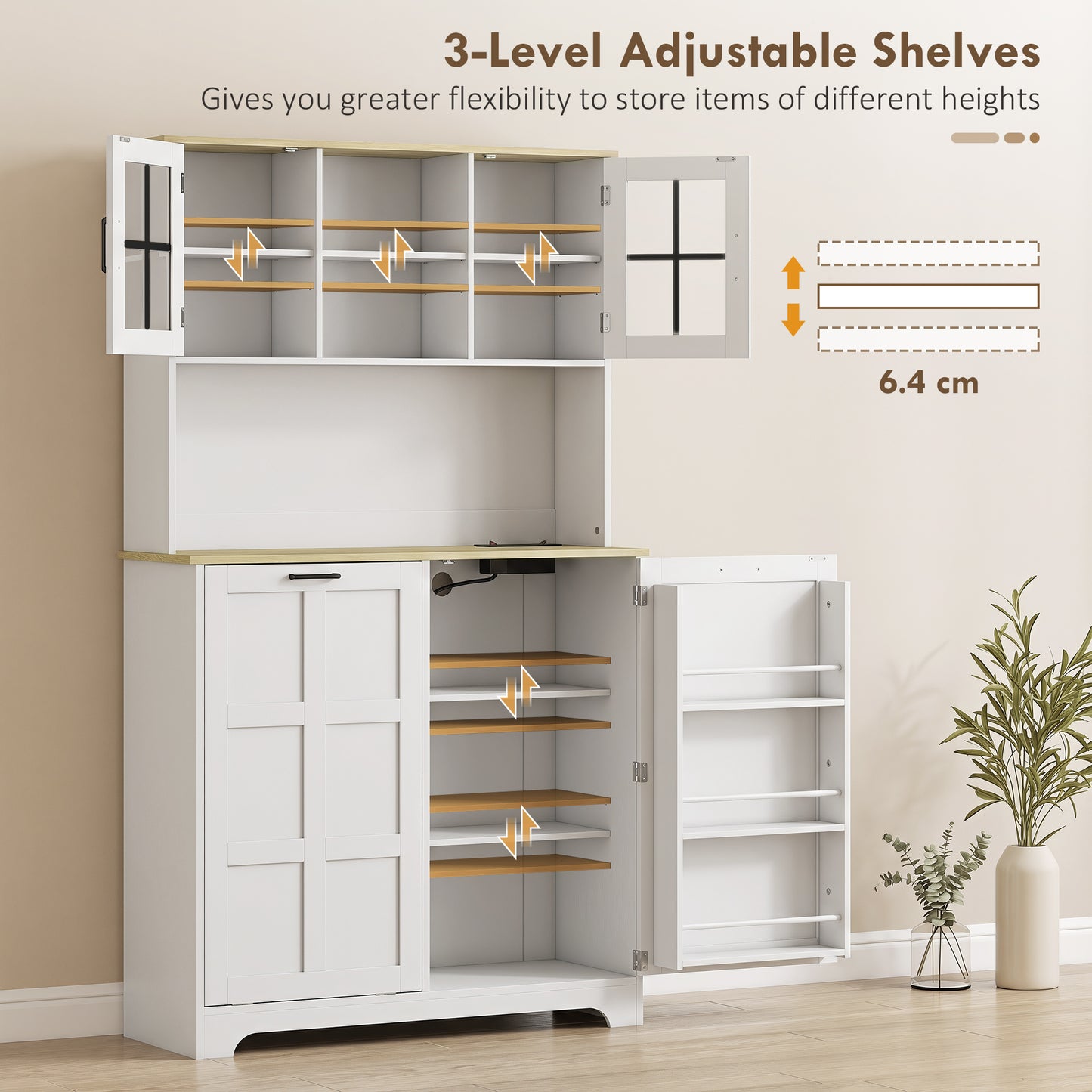 HOMCOM 175cm Tall Kitchen Cabinet With Rubbish Bin Cabinet 3 Door Shelves And 2 Acrylic Doors White
