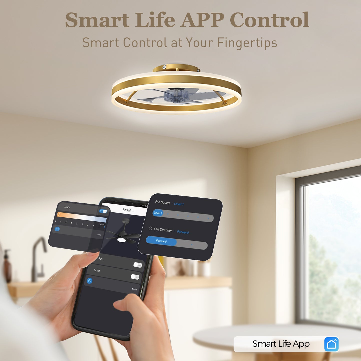 HOMCOM Ceiling Fan With Light And Remote LED Mount Three Colour Temperatures Six Speed 50 cm Gold Tone