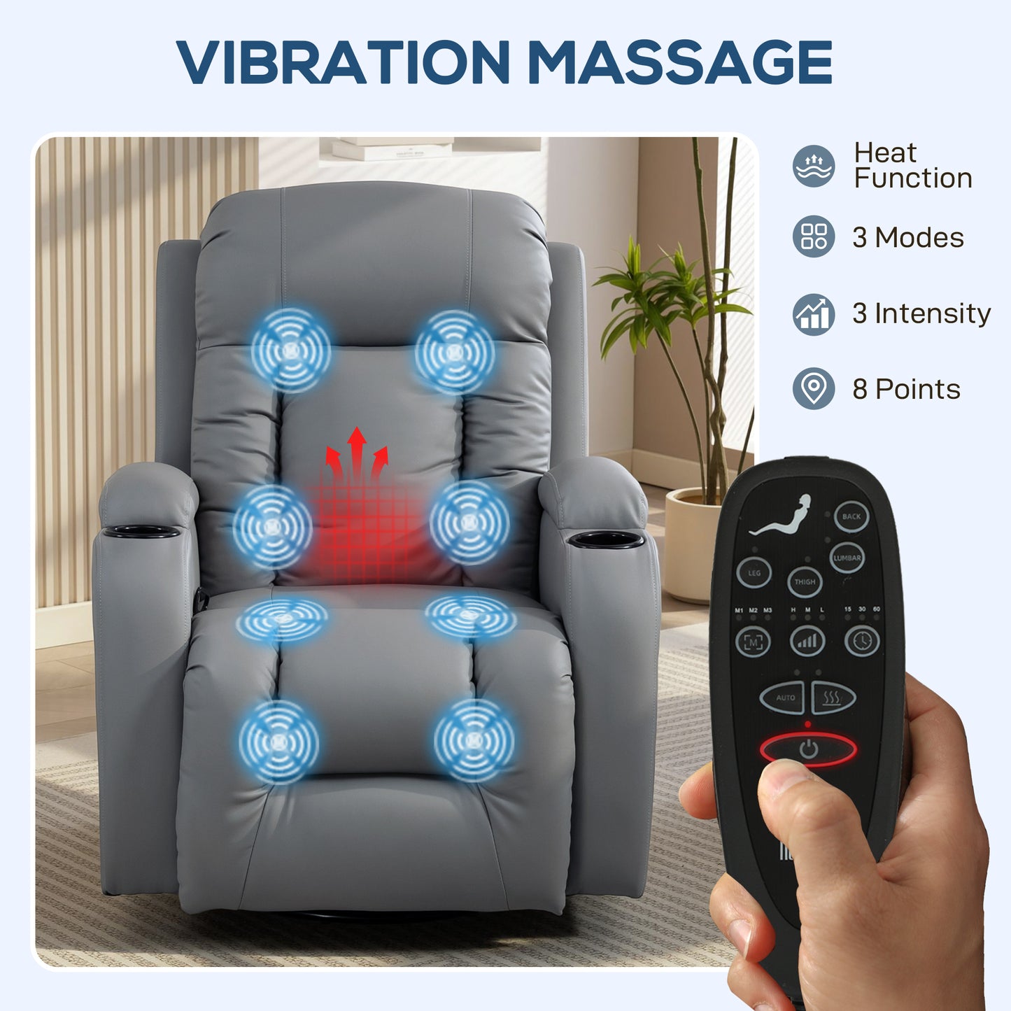 HOMCOM Massage Recliner Grey PU Leather With Eight Point Massage In Four Zones For Back Lumbar Heating Thighs And Legs