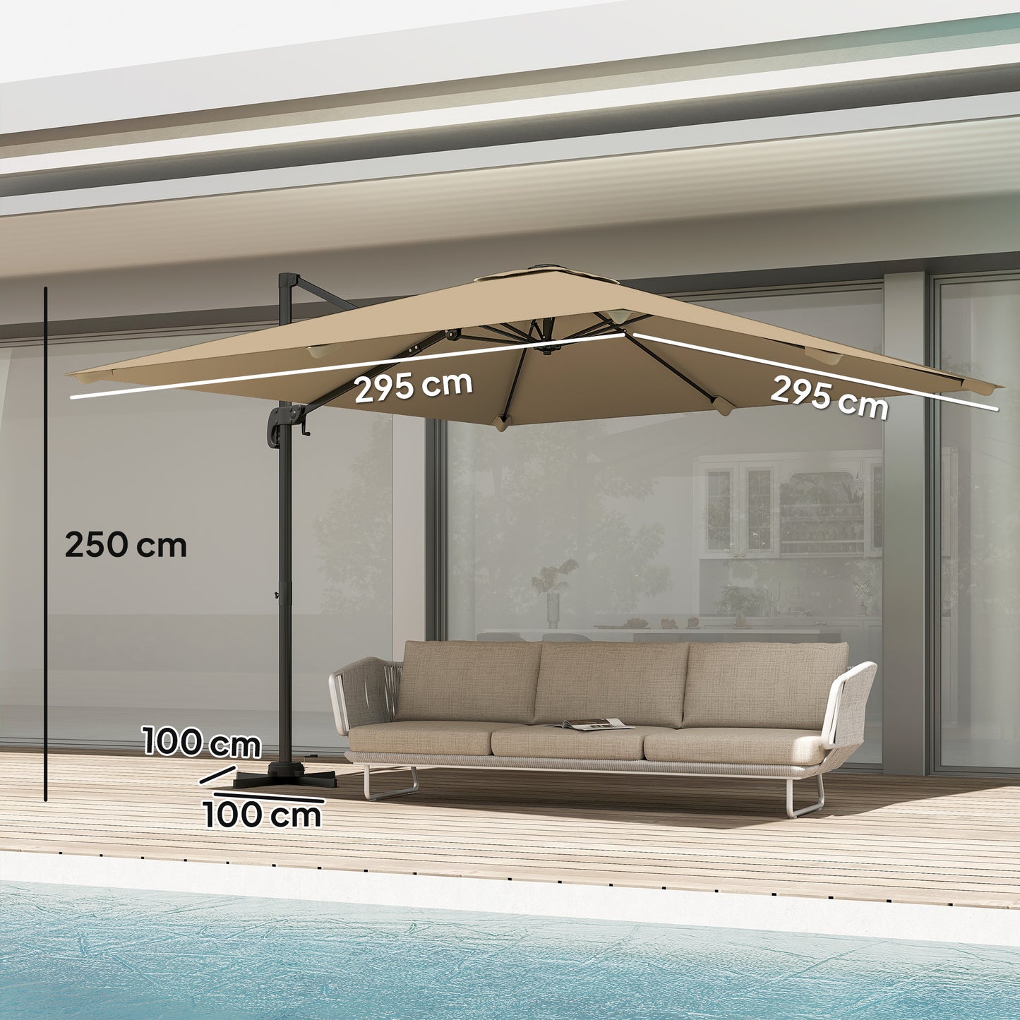 Outsunny 3x3m Cantilever Parasol Square Patio Umbrella With Crank Handle Cross Base Tilt 360 Degree Rotation Khaki