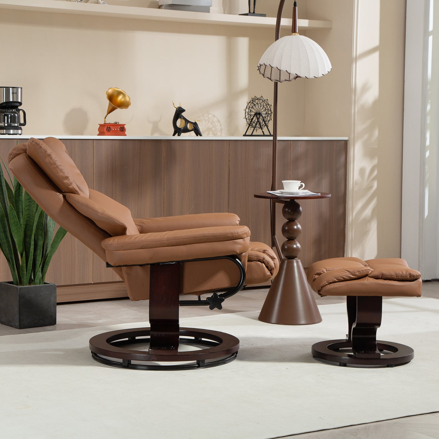 HOMCOM Faux Leather Reclining Armchair And Footstool In Brown With Wide Seat And Thick Padding For Maximum Comfort